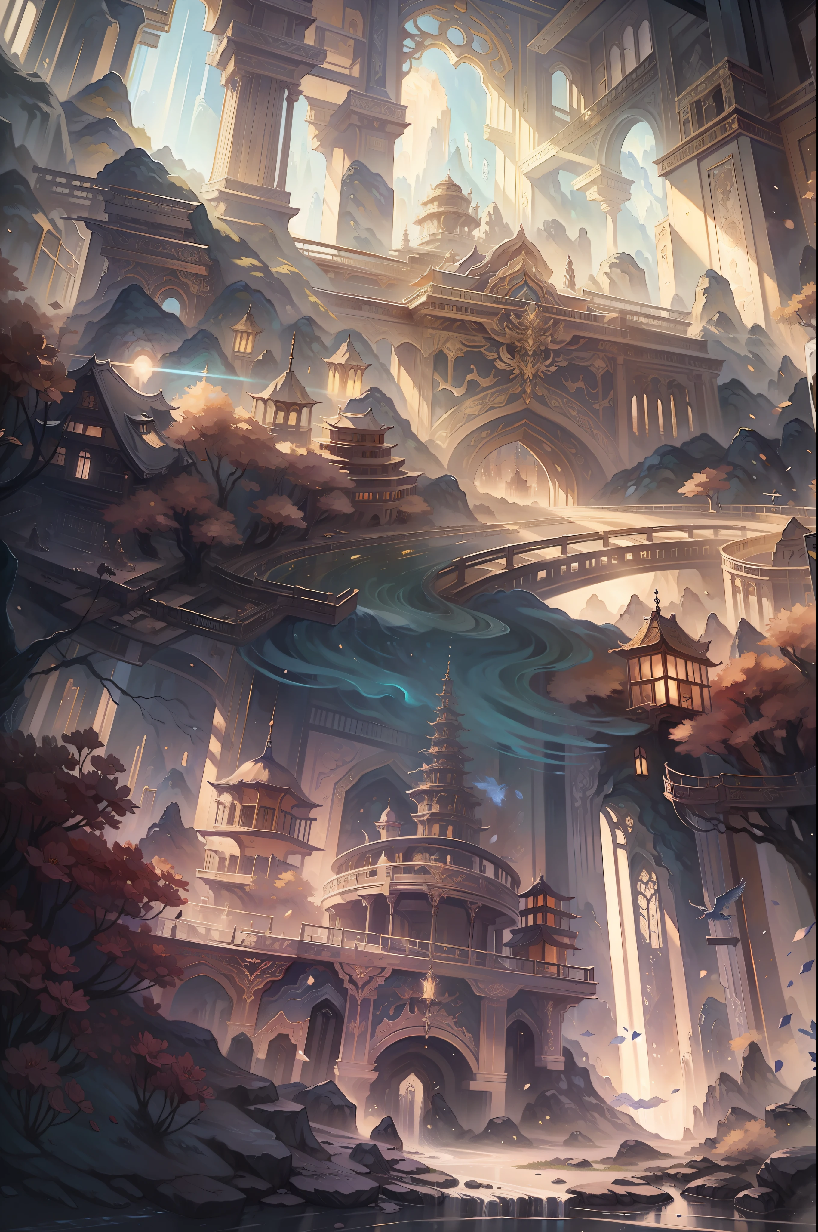 detailed light, cinematic lighting, lens flare, light leaks, sunlight , shine , beautiful detailed glow,absurdres,  incredibly absurdres, huge filesize , ultra-detailed, highres, extremely detailed,best quality ,masterpiece, illustration, an extremely delicate and beautiful, extremely detailed ,CG ,unity ,8k wallpaper, Amazing, finely detail, masterpiece,best quality,official art,extremely detailed CG unity 8k wallpaper,the best building,fairyland,masterpiece,best quality,ink and wash painting,Long shot,backlighting,[[loong, dragon background, loong background]]