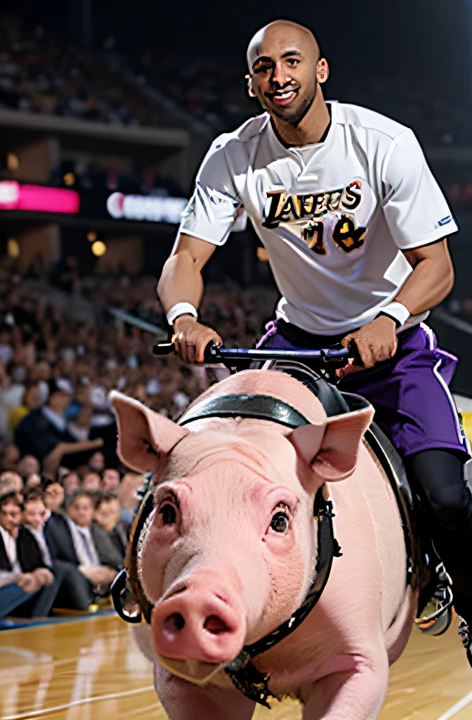 Kobe Bryant smiles while riding a pig