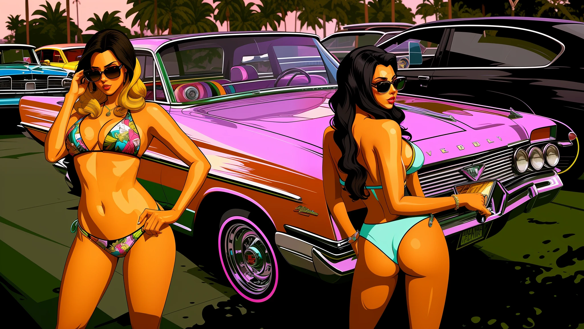 there are two beautiful women in bikinis standing next to a car, standing in front of lowrider, stylized digital illustration, posterized color, gta vice city style art, style of gta v artworks, lowriders, in style of digital illustration, gta art style, gta vice city art style, gta artstyle, digital art. @mariomaniacdude