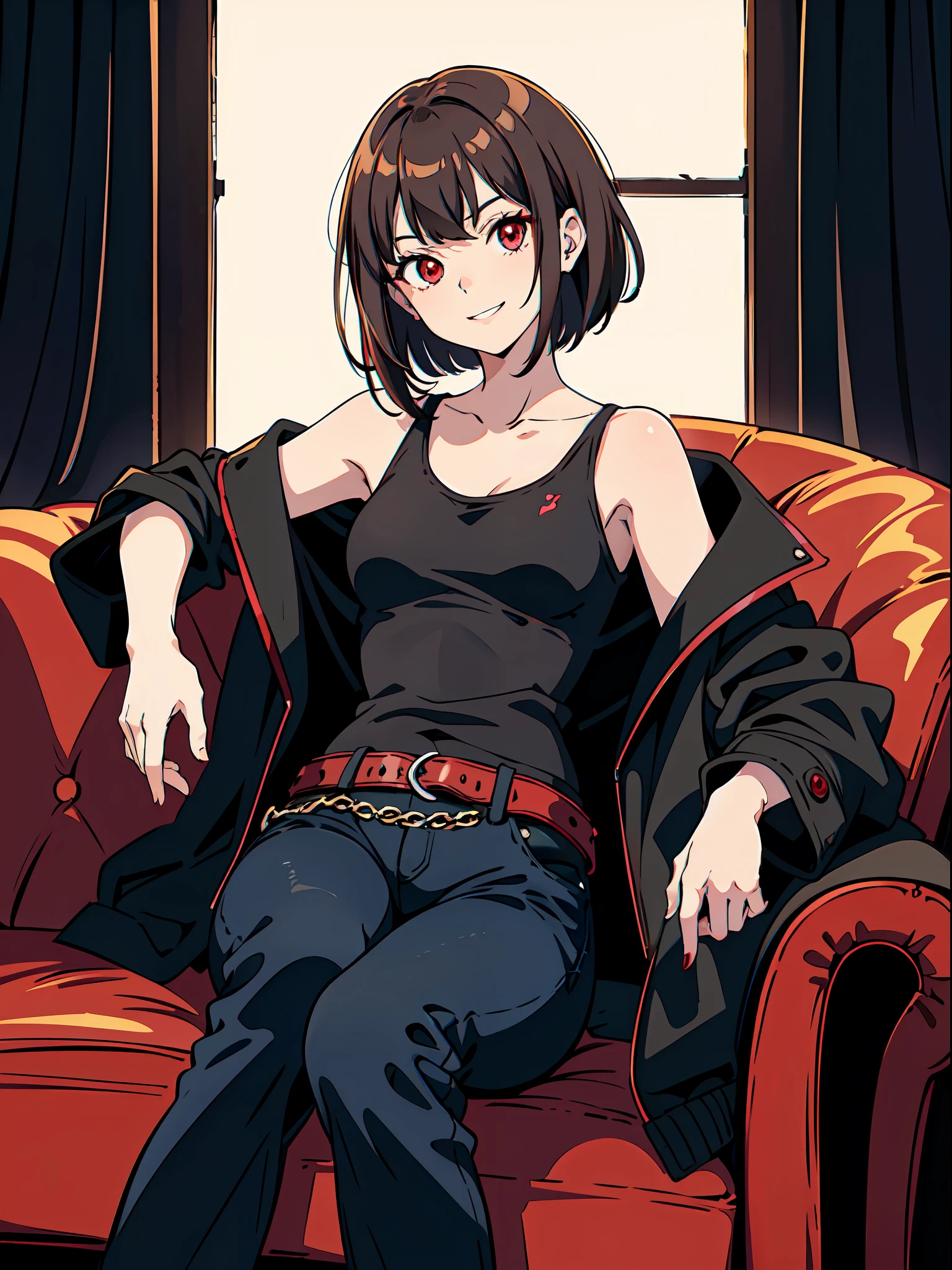 anime, young girl, red eyes, smirk, evilish smile, darkened eyes, red eyes, short brown hair, fancy haircut, black denim pants, shirt with bare shoulders, black shirt, red parka, solo, sitting on sofa, mischevious smile, shadow casted on eyes,