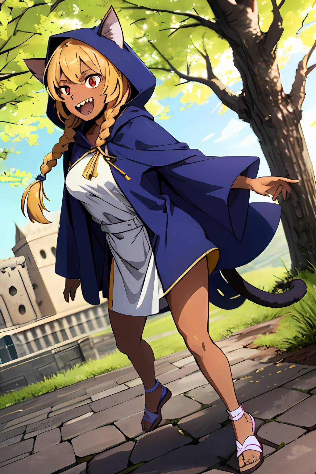 brown hair, dark-skinned female, yellow hood, twin braids, short hair, 1girl, cat ears, cat tail, medieval, fantasy clothes, tall female, red eyes, italy, open mouth, smile, teenage, medium breasts, sharp teeth, flip-flops, full body, solo focus, 1990s (style), twin braids, hooded cloak,