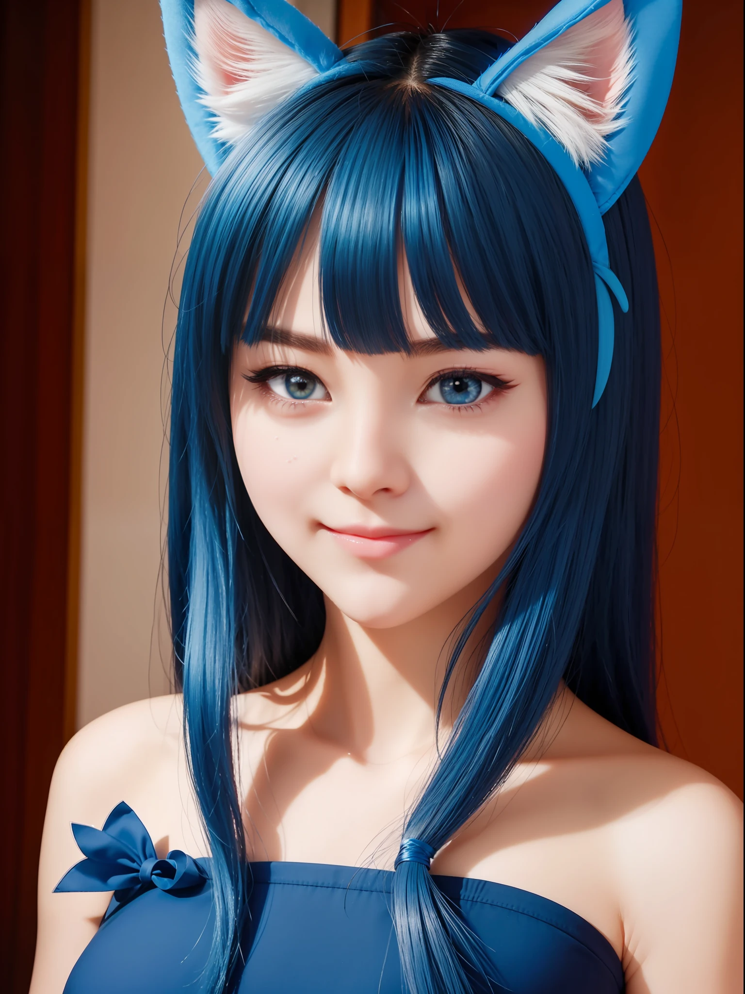 Blue cat ears,Plush details,Perfect face,ssmile,cropped shoulders,Large eye details,Redness of the pupils,fiery,Hand on chin,Look forward to the audience