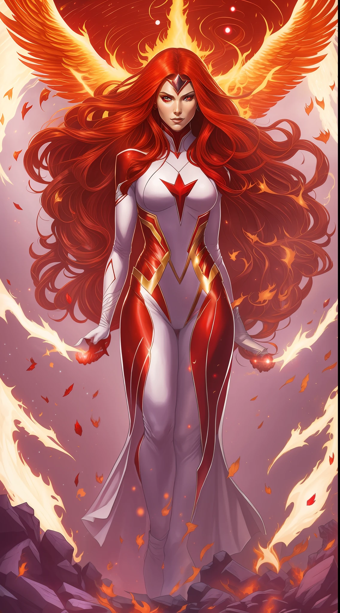 Scarlet Witch and Jean Gray Black Phoenix Fusion, Sexy Body Long Red Hair, Full Body, Power of Creation and Destruction, Flying, White Costume with Red, Phoenix Symbol in the Middle, Red Crown, Flaming Eyes, Cosmic Entity, Powerful, Beautiful Face , Destroyed planets in the background