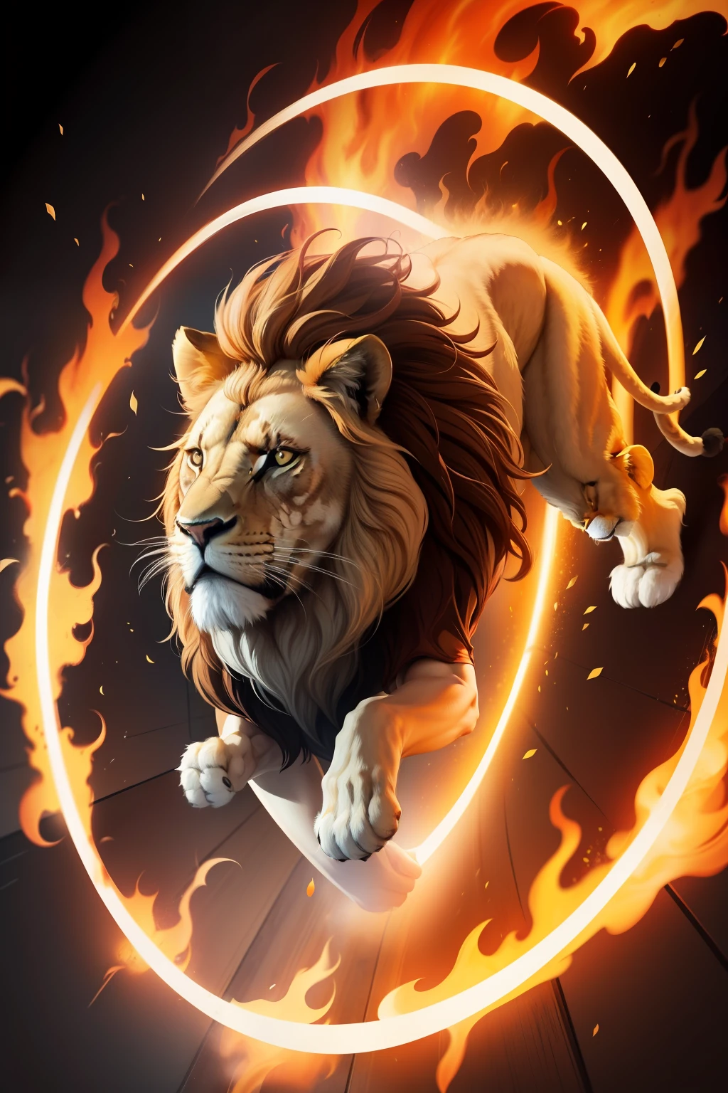 The lion is jumping in a circular circle of fire