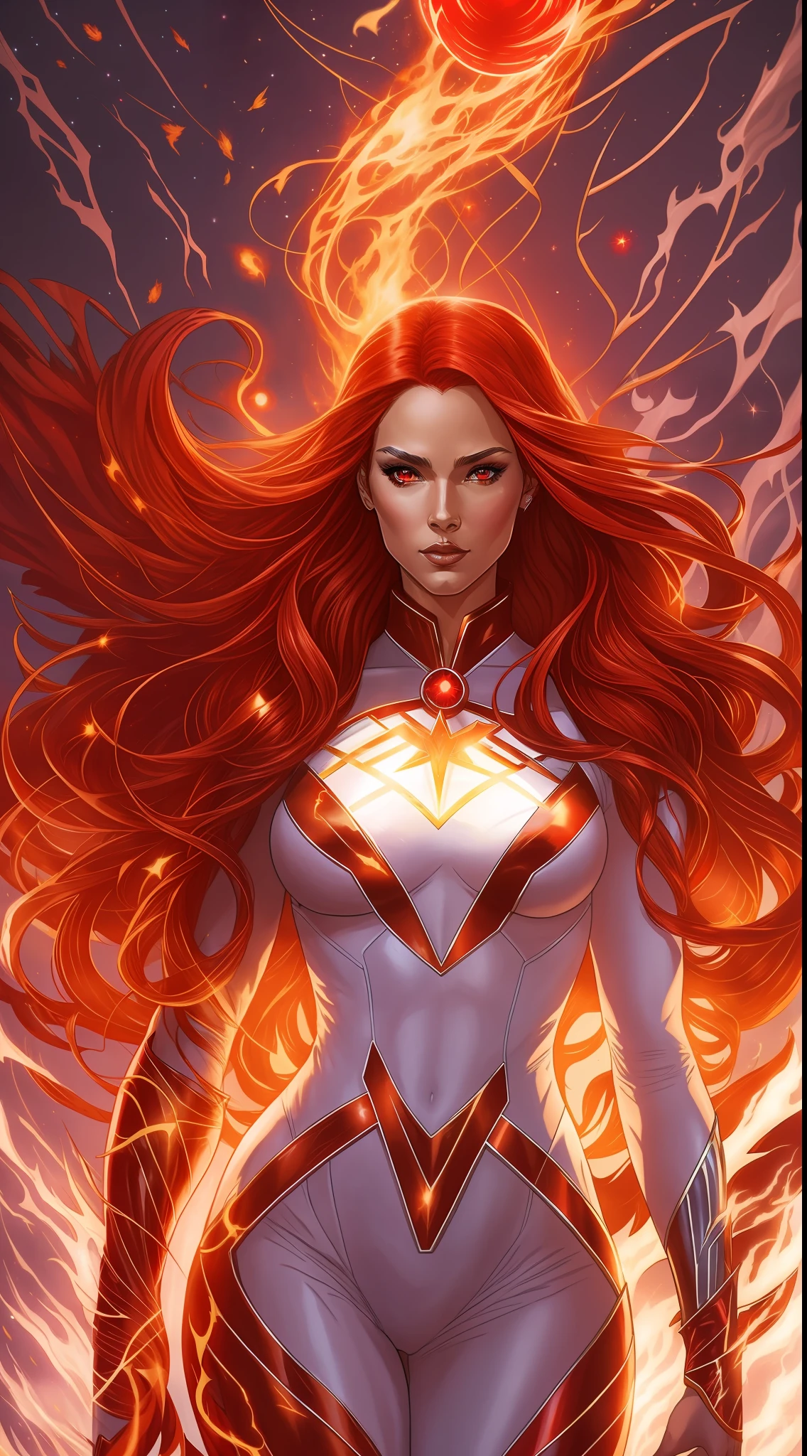 Scarlet Witch and Jean Gray Black Phoenix Fusion, Sexy Body Long Red Hair, Full Body, Power of Creation and Destruction, Flying, White Costume with Red, Phoenix Symbol in the Middle, Red Crown, Flaming Eyes, Cosmic Entity, Powerful, Beautiful Face , Destroyed planets in the background