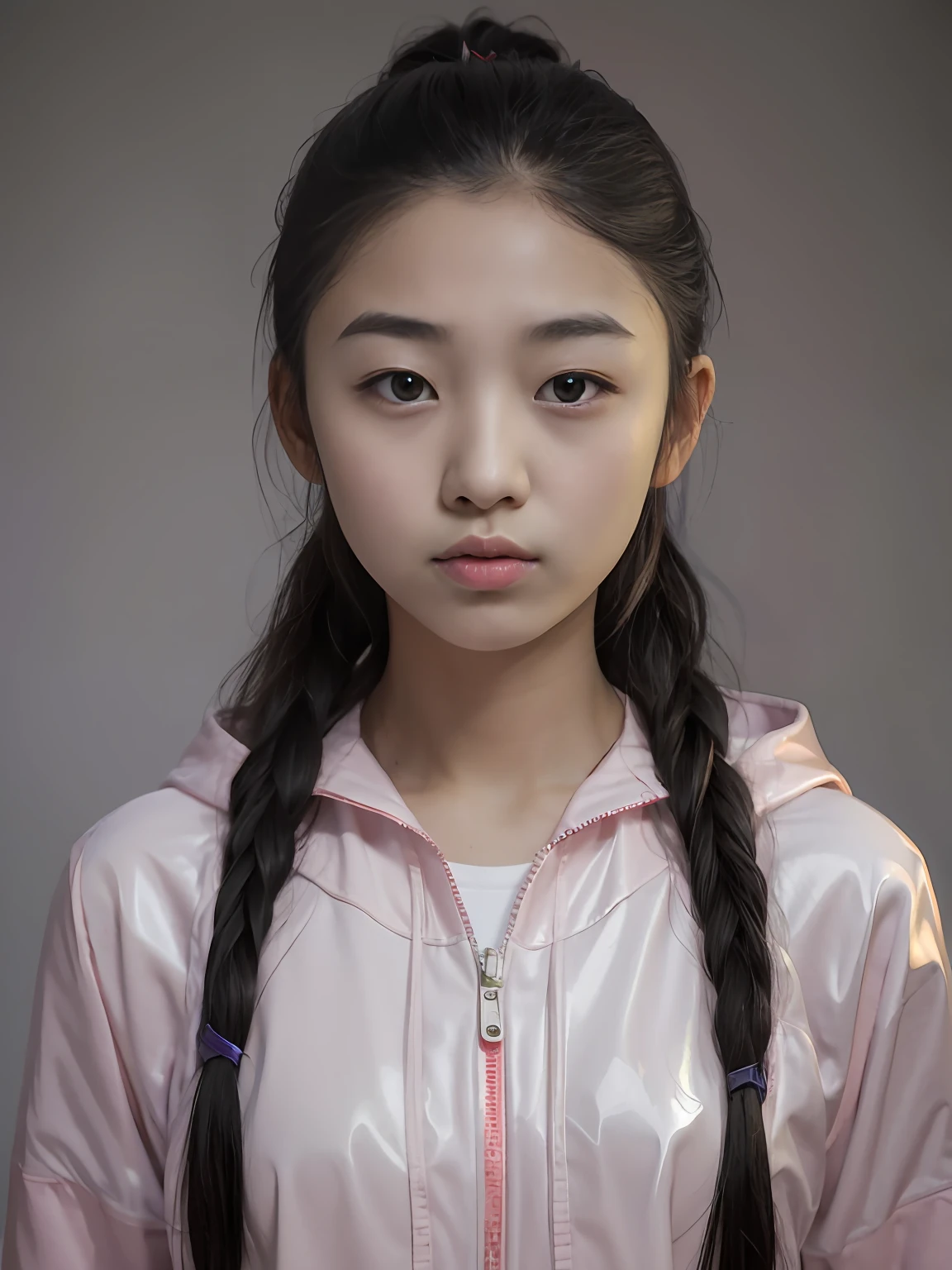 17-year-old Chinese female high school student，Wears a pink cute sports top made of PVC with red stripes，Light gray solid background，k hd，the detail