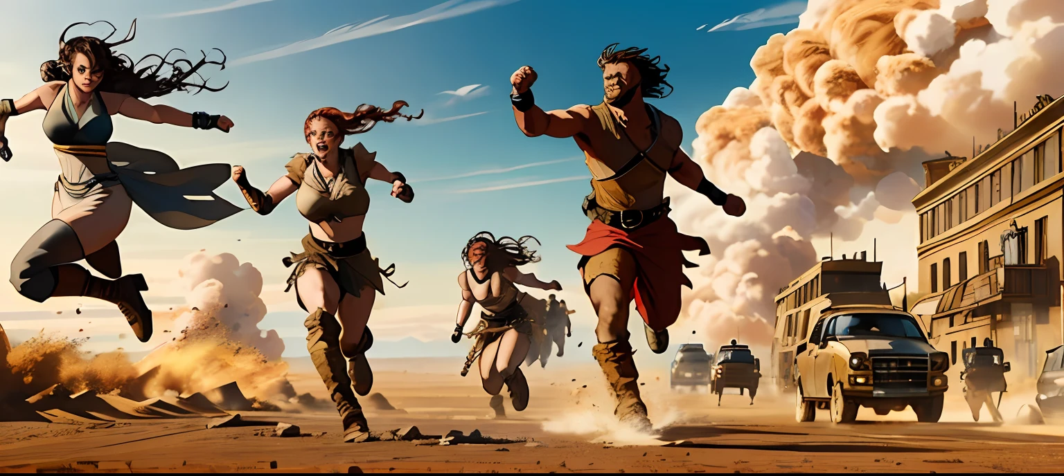 arafed image of a group of people running through a city, action scene from the film, zack snyder cinematography style, mad max fury road style, from the movie mad max fury road, in mad max style, in screenshot from the 300 movie, choreographed fight scene, epic fight scene, crucifixion of conor mcgregor