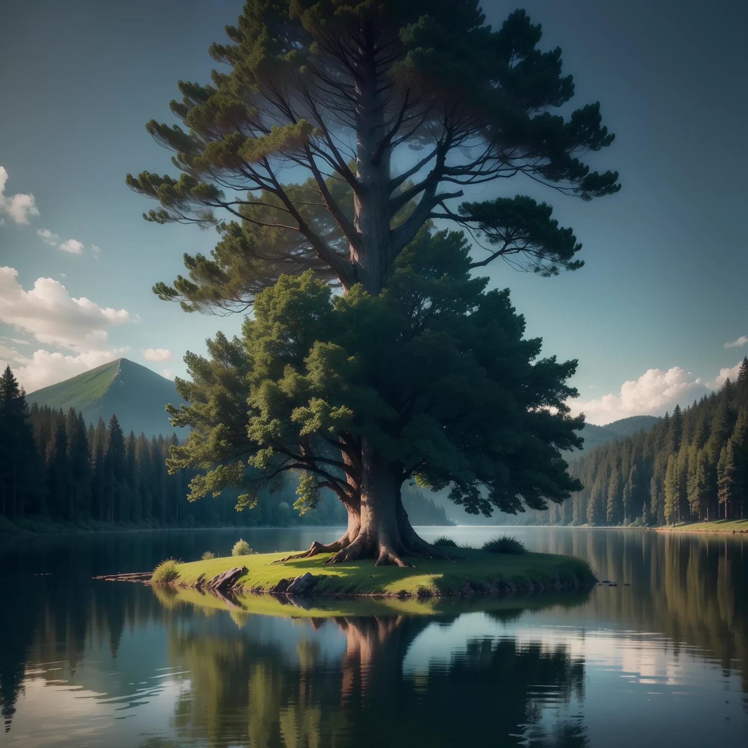 - Photographic image of a tree on a small island in the center of the lake
- the tree is big and old,、the trunk is wide、a lot of branches
- A tree is a tall tree々Surrounded by dense forests of
- The lake is quiet、Perfect reflection of trees and forest on the surface of the water
- The image has a dark and moody tone
- Green and blue colors are used