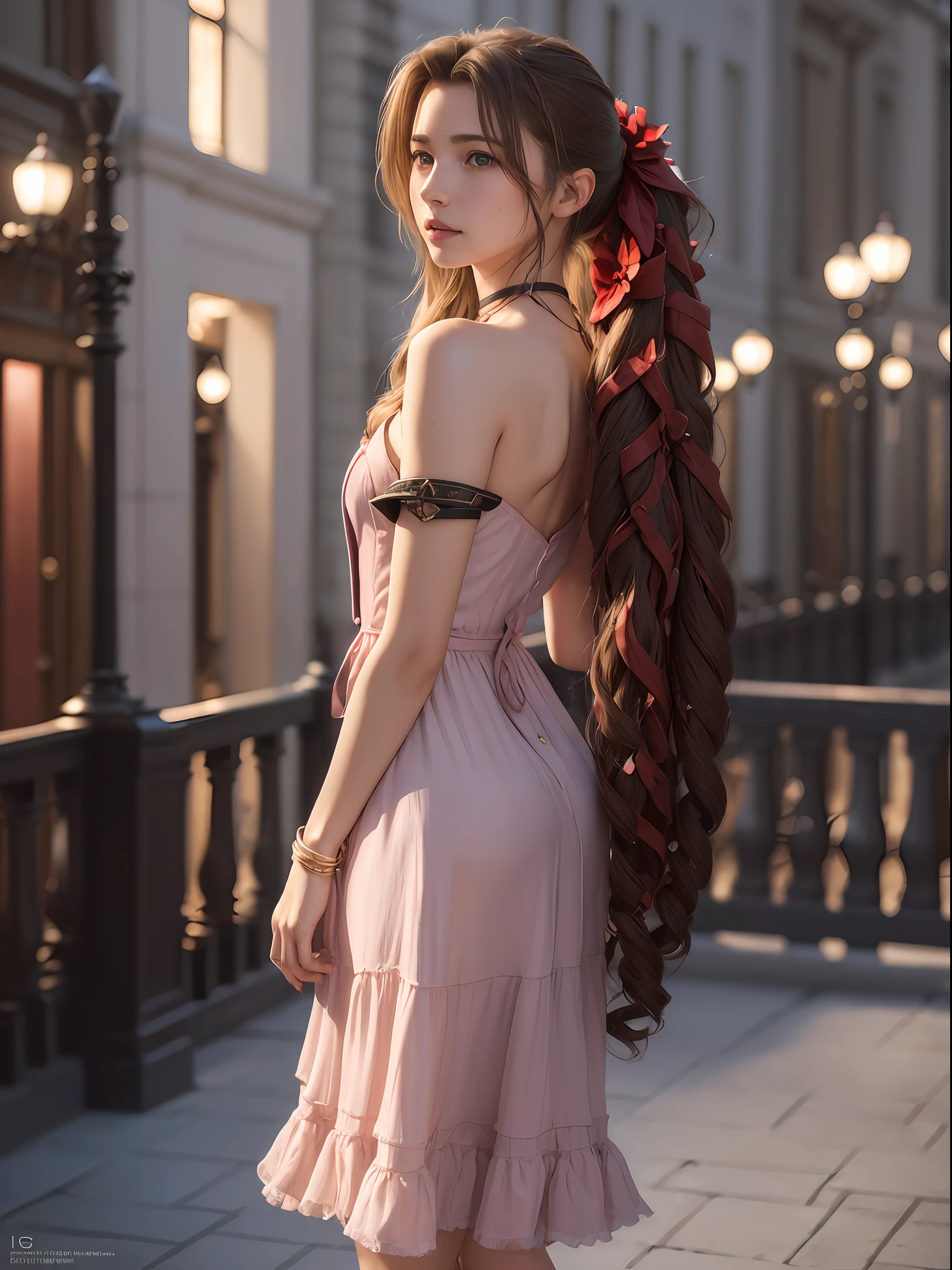 (masterpiece, best quality:1.4), (future days), (from behind), (1girl), solo, (european youth:1), aerith gainsborough, choker, cropped jacket, hair bow, bracelet, pink dress, brown boots, very long hair, hair ribbons, hair flowers, strapless red dress, high heels hyperrealistic, high detailed skin, dslr, soft lighting, high quality, highly detailed face, highly detailed skin, skin pores, subsurface scattering, realistic pupils, medium breast, full face blush, full lips, detailed background, depth of field, volumetric lighting, sharp focus, absurdres, realistic proportions, good anatomy, (realistic, hyperrealistic:1.4), 16k hdr,