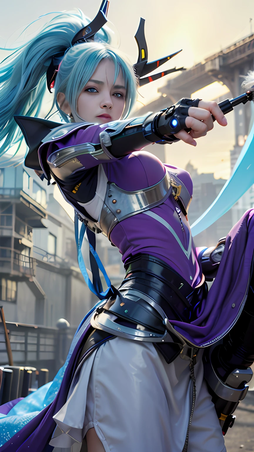 (8k, best quality, masterpiece:1.2), (realistic, photo-realistic:1.37), ultra-detailed,
A detailed portrait of 1 21 year old girl, yellow eyes, blue hair, detail face, pale skin, face facing the camera, wearing a tight outfit with armor, holding twin shadow blades. The scene is illuminated with professional lighting, photon mapping, and radiosity, with Tetsuya Nomura Style and a cyber-futuristic feel. Urban background with blur or bokeh effect, neon details, realistic light.