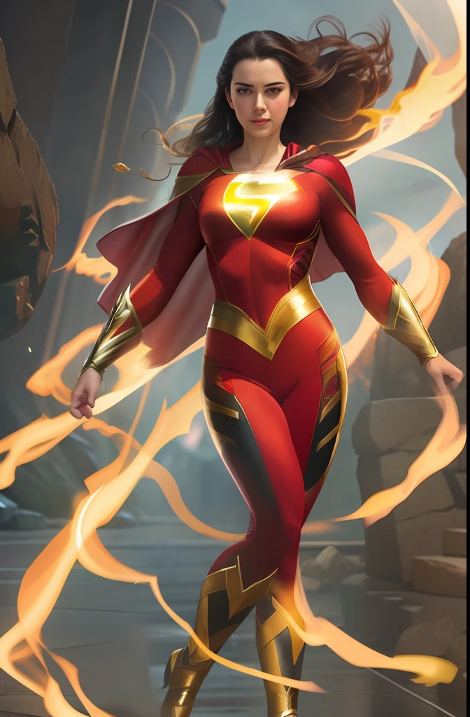 "A seductive and powerful female version of Shazam, exuding confidence and charm."