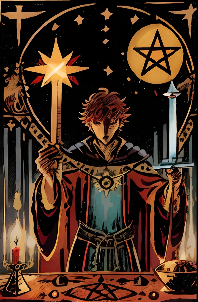 tarot card, magician, ember, robes, a sword, candle / holding a candle, Table with elements, Star, pentacle, cup