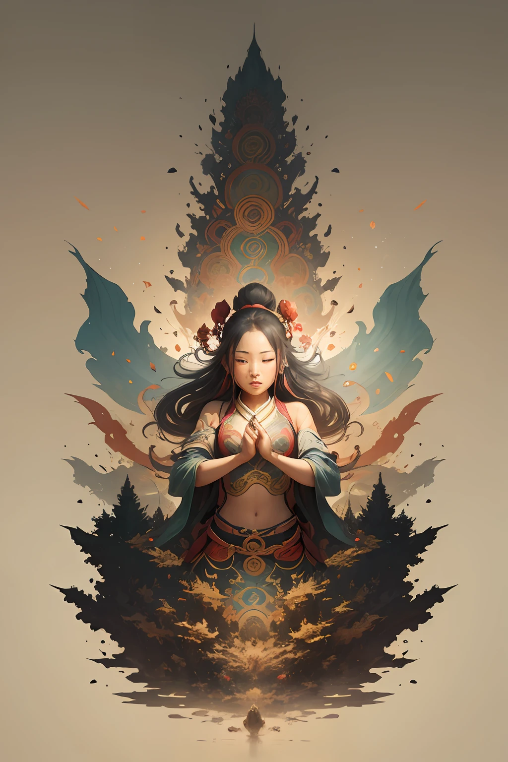 Bodhisattva mural，（The murals are brightly colored，But tracked by corrosion），（8k wallpaper），（Ancient Chinese folk painter painting style），（Watercolor style painting），（Noticeable light and shadow effects），（Ray traching），(There is light particle tracing)，（Fantasy mythological style)，style of surrealism，（Extremely expressive drawing technique），Creative inspiration：Dunhuang murals，Ray