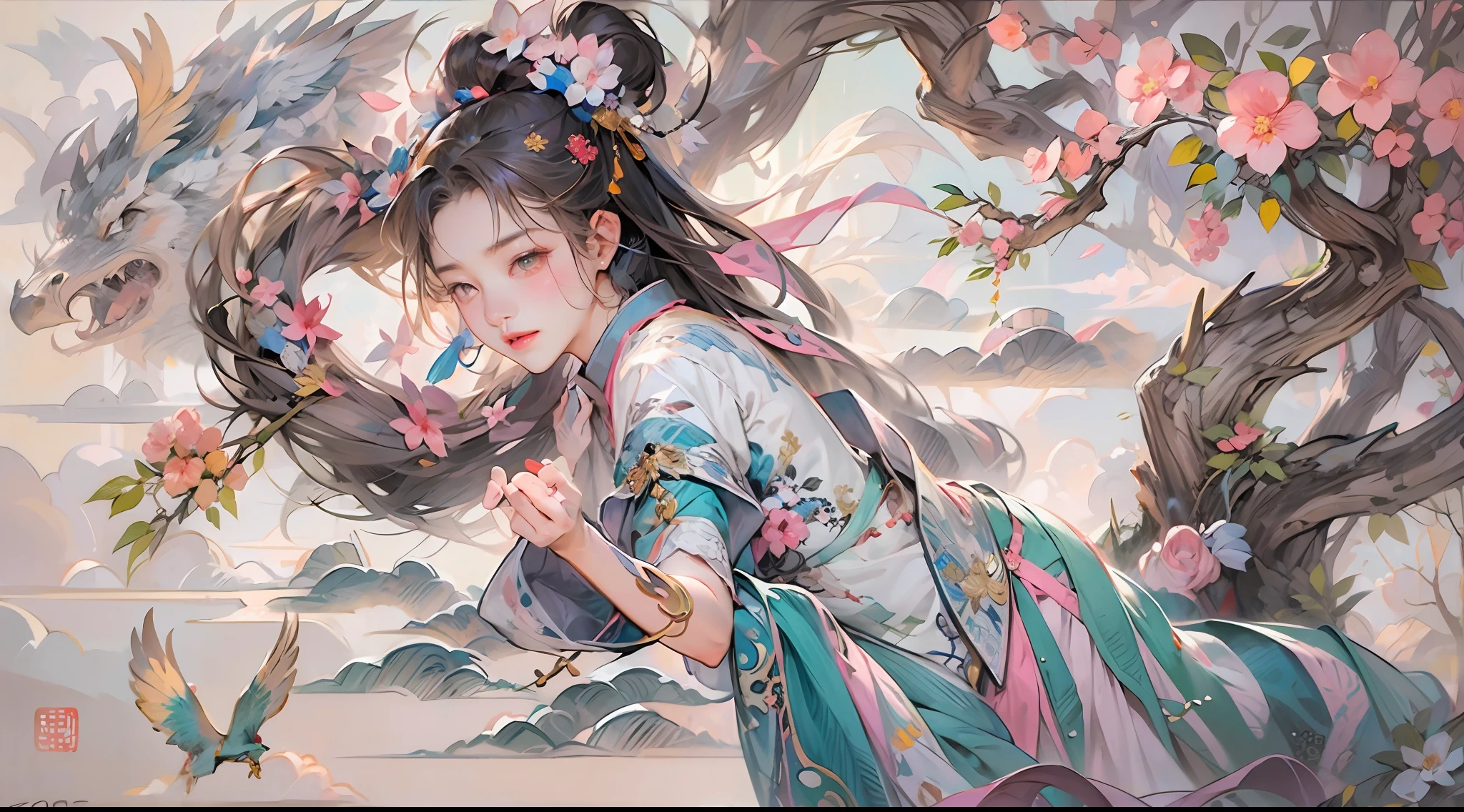 a mural of chinese girl,beautiful eyes,dance,full body,Chinese mythology,flower,auspicious clouds,tree,bird,off-color,lococo,（high quality，extremely detailed，8k：1.5）