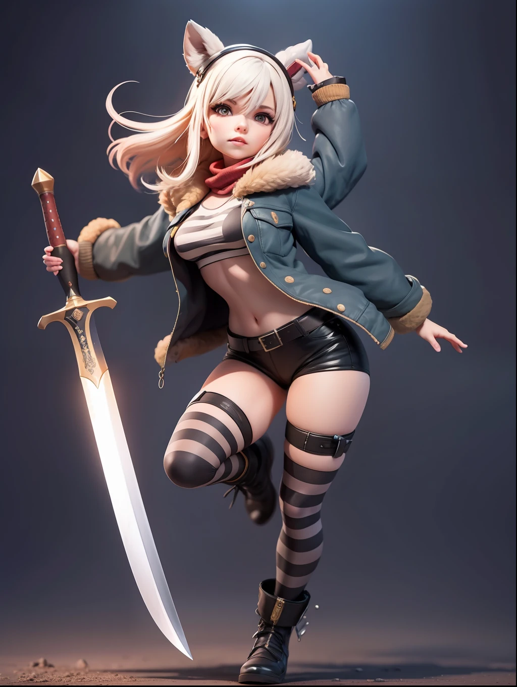 mascote feminina, pequena, corpo pequeno, Ray-tracing, cintura fina, pequena, com vestes antigas, vestes russas, roupas de frio, hot pants e botas, with sword in hand, arma futurista apontando para esquerda, pose para esquerda, espada estilo doom detalhada, espada grande com cores variadas, Espada futurista, cintura pequena, luz complexa, espada cyberpunk em punho, sock with horizontal stripes in two colors up to the thigh, luz complexa, wool, pants with many folds, luvas exclusivas, dynamic position, visual escuro, visual escuro, giant sword in hand, Atacando, cintos em volta da cintura, bainha detalhada, espada laser gigante, meia listrada, short curto tecidos variados, visual escuro, sombria, Olhos vermelhos, Traits I didn't bring, prints, pulseira de espinhos grandes, cabelo curto, Magias de poder, nier automata, cabelos vermelhos, ((Armadura futurista)), Cyberpunk, futuristic gun in hand, seios grandes, bunda grande, (((cabelos castanhos))), subsurface alta, ((subsurface alta)), background dark