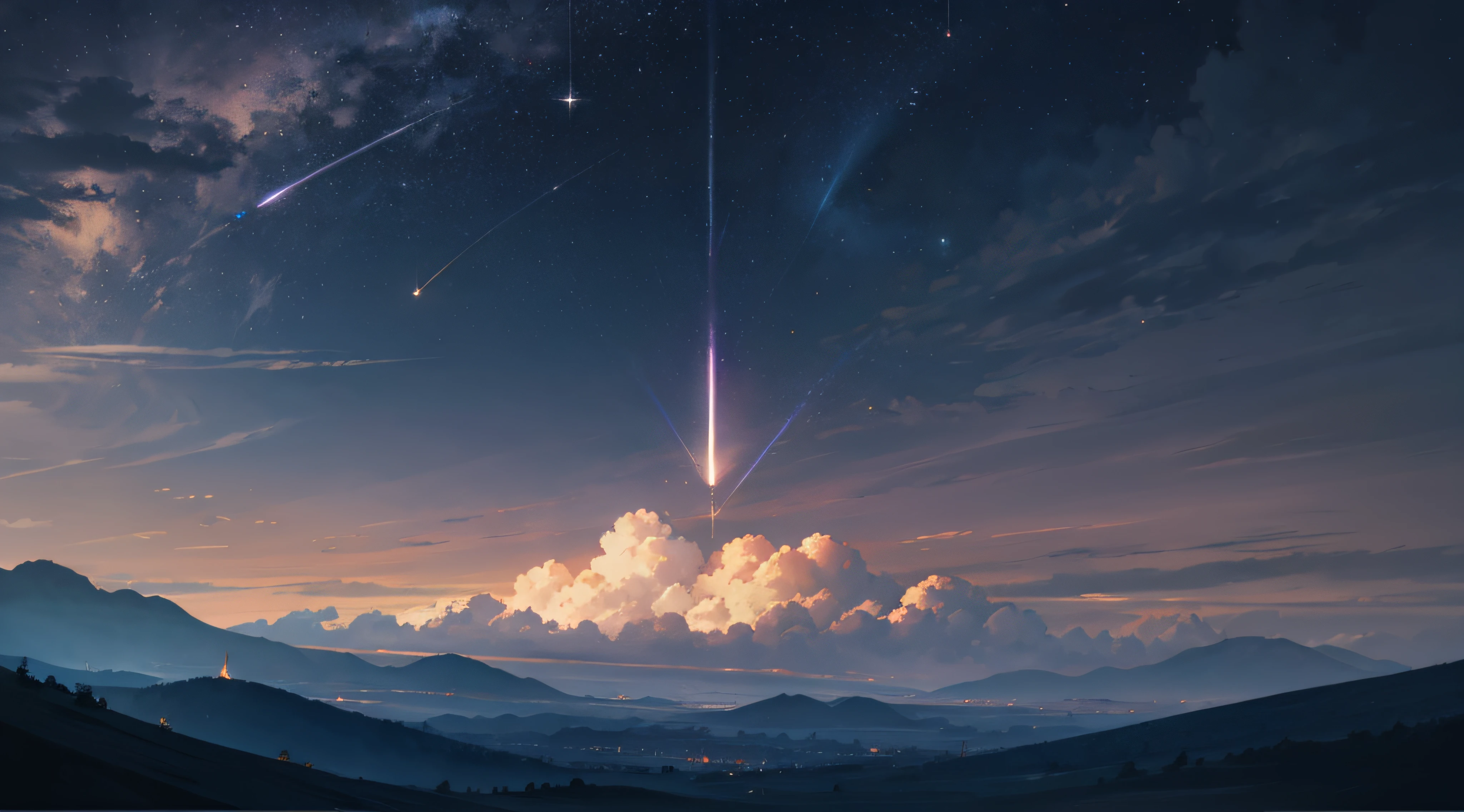 Expansive landscape photograph,(moon full:1.2),(meteors:0.9),(Starcloud:1.3),(Warm light source:1.2),(glowworm:1.2),lamp lights,Lots of purple and orange,Complicated details,Volumetriclighting,Realism BREAK(tmasterpiece:1.2),(best qualtiy),8K,Ultra-detailed,(dynamic compositions:1.4),The is very detailed,Colorful details,(Irridescent color:1.2),(luminouslighting,Atmospheric lighting),dream magical,magical,(独奏:1.2),((best qualtiy)), ((tmasterpiece)), (the detail:1.4),depth of fields,maximum definition and sharpness,perfectly proportions,Fluttering clouds,Wallpapers