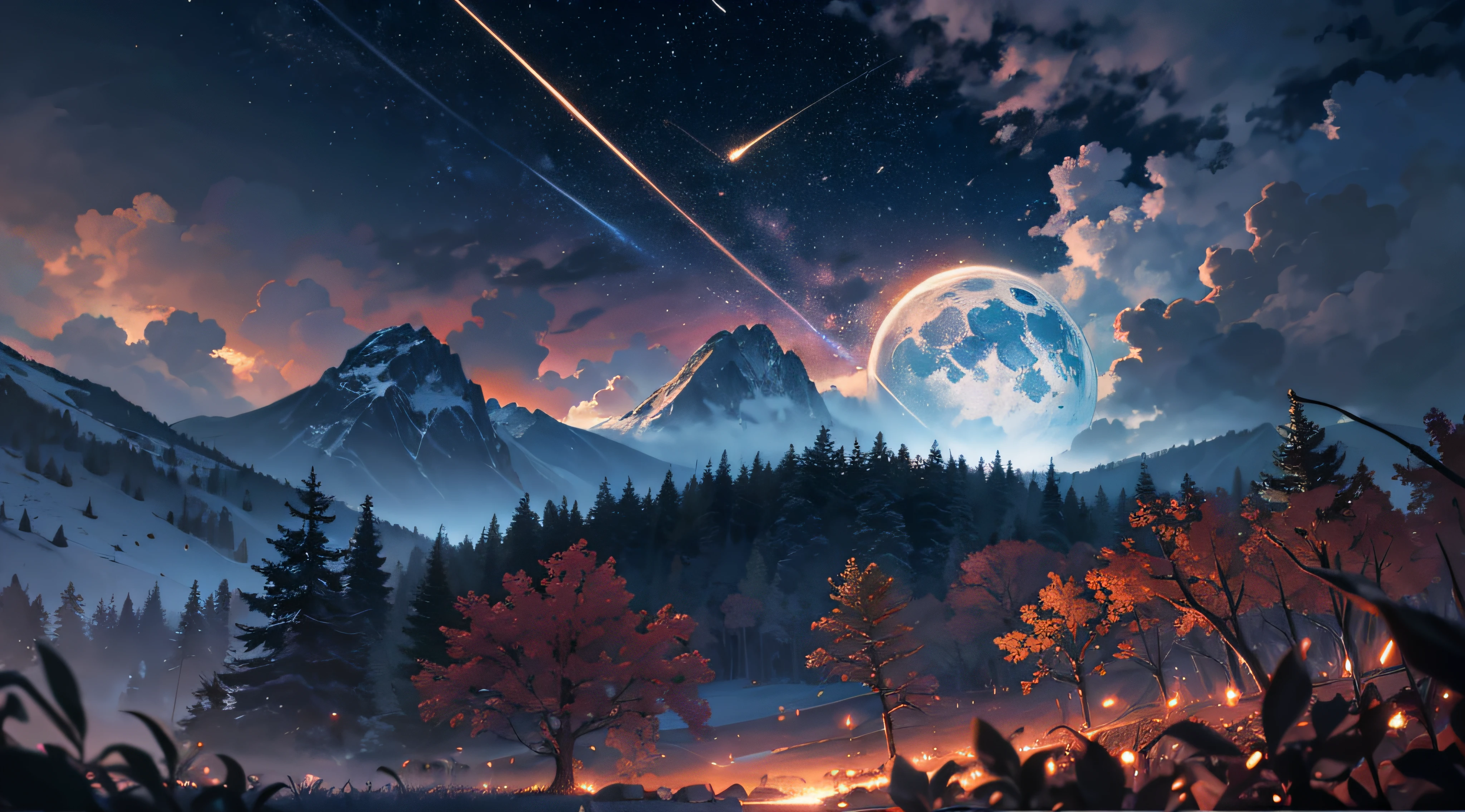 Expansive landscape photograph,(moon full:1.2),(meteors:0.9),(Starcloud:1.3),(Warm light source:1.2),(glowworm:1.2),lamp lights,Lots of purple and orange,Complicated details,Volumetriclighting,Realism BREAK(tmasterpiece:1.2),(best qualtiy),8K,Ultra-detailed,(dynamic compositions:1.4),The is very detailed,Colorful details,(Irridescent color:1.2),(luminouslighting,Atmospheric lighting),dream magical,magical,(独奏:1.2),((best qualtiy)), ((tmasterpiece)), (the detail:1.4),depth of fields,maximum definition and sharpness,perfectly proportions,Fluttering clouds,Wallpapers