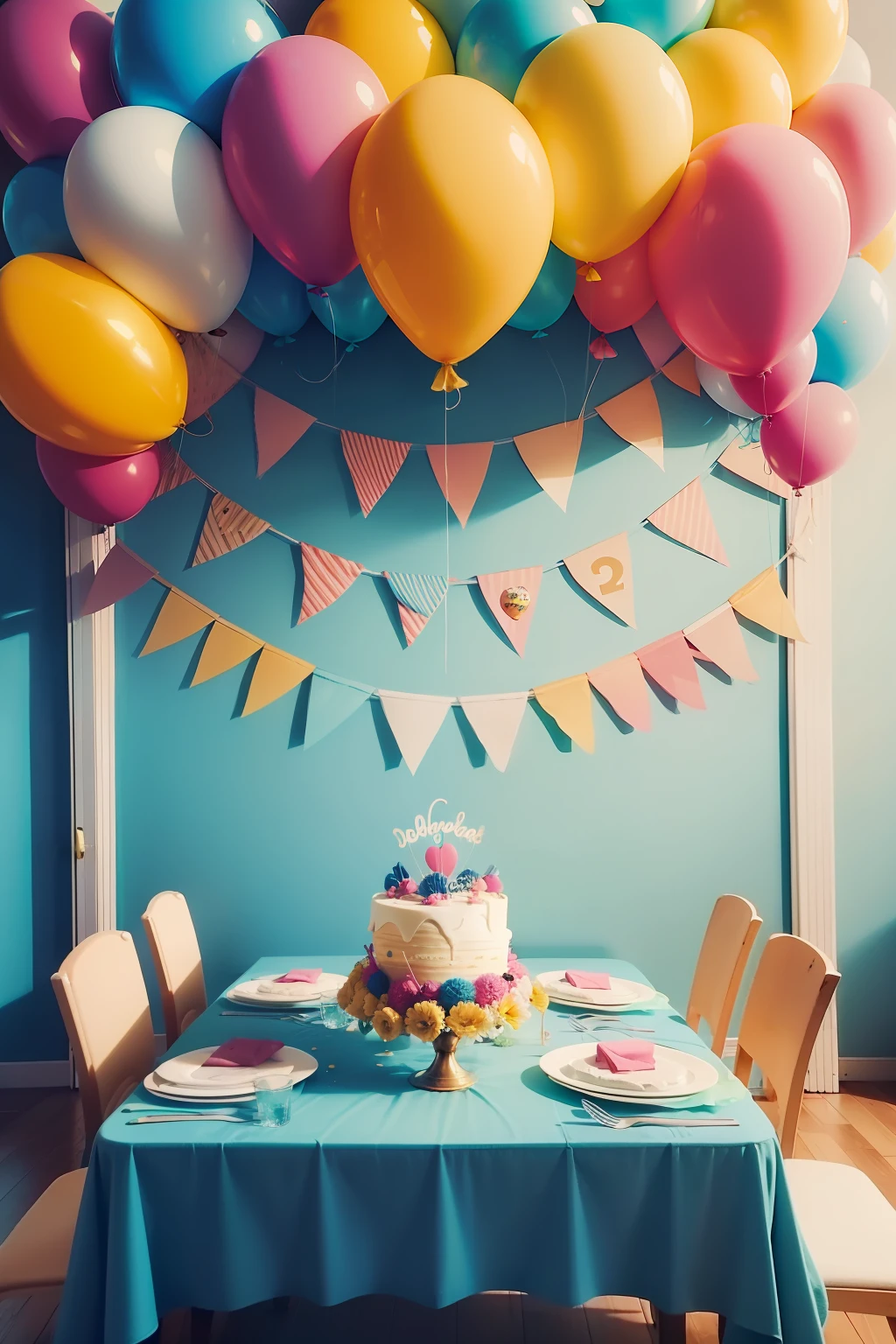 mesa de aniversario enfeitada com o tema Bob Esponja, muitos enfeites na mesa, balloons hanging from the looks, toalha de mesa do bob esponja