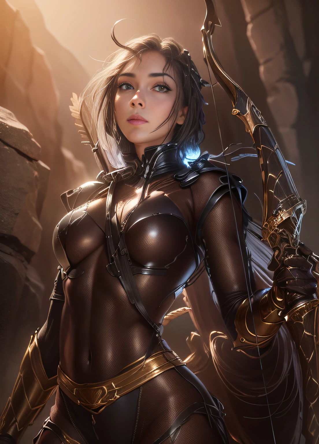 Woman, masterpiece, realistic, natural color, beautifull, medium breast, young woman (8k, RAW photo:1.2), holding a bow armor, cave, rock