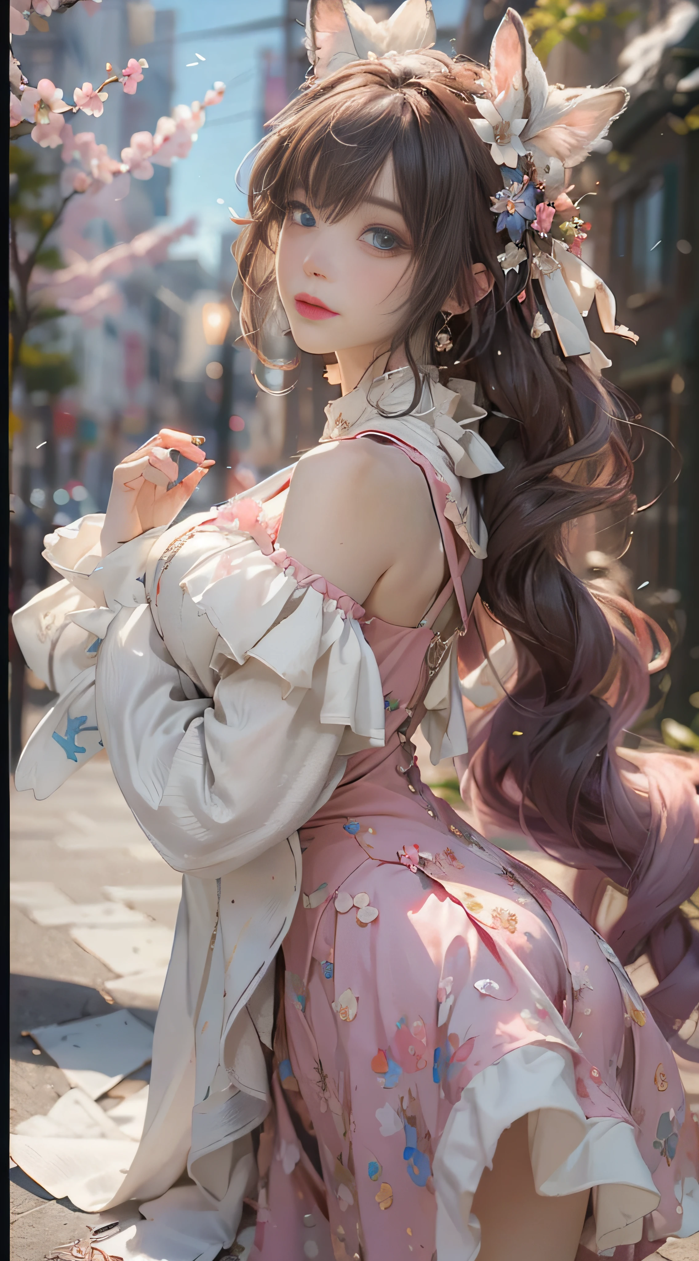 ((best qualtiy)), ((tmasterpiece)), (detail:1.4), Beautiful cyberpunk female images,hdr(HighDynamicRange),Ray traching,NVIDIA RTX,Hyper-Resolution,illusory 5,sub surface scattering,PBR textures,post-proces,Anisotropy Filtering,depth of fields,maximum definition and sharpness,Many-Layer Textures,Albedo e mapas Speculares,Surface coloring,Mitsu-Accurate simulation of material interactions,perfectly proportioned,rendering by octane,Two-colored light,largeaperture,Low ISO,White balance,Rule three points、8K raw data、Beautiful bright blue pupils,off-the-shoulder clothes,Fine pupils,Delicate face and eyes,long eyelasher,Blushlush,Delicate and fluffy hair,pink lip,Pure,Cute face,Sweet girl,Artistic sense,Casual wear,Advancedsense,butterflys,Cherry blossom petal,Beautiful hair accessories,Long hair and waist,Hair fluttering in the wind,Snow-white fox ears,curlies,Snow-white fluffy tail,Positive light,The light from the back window is backlighted