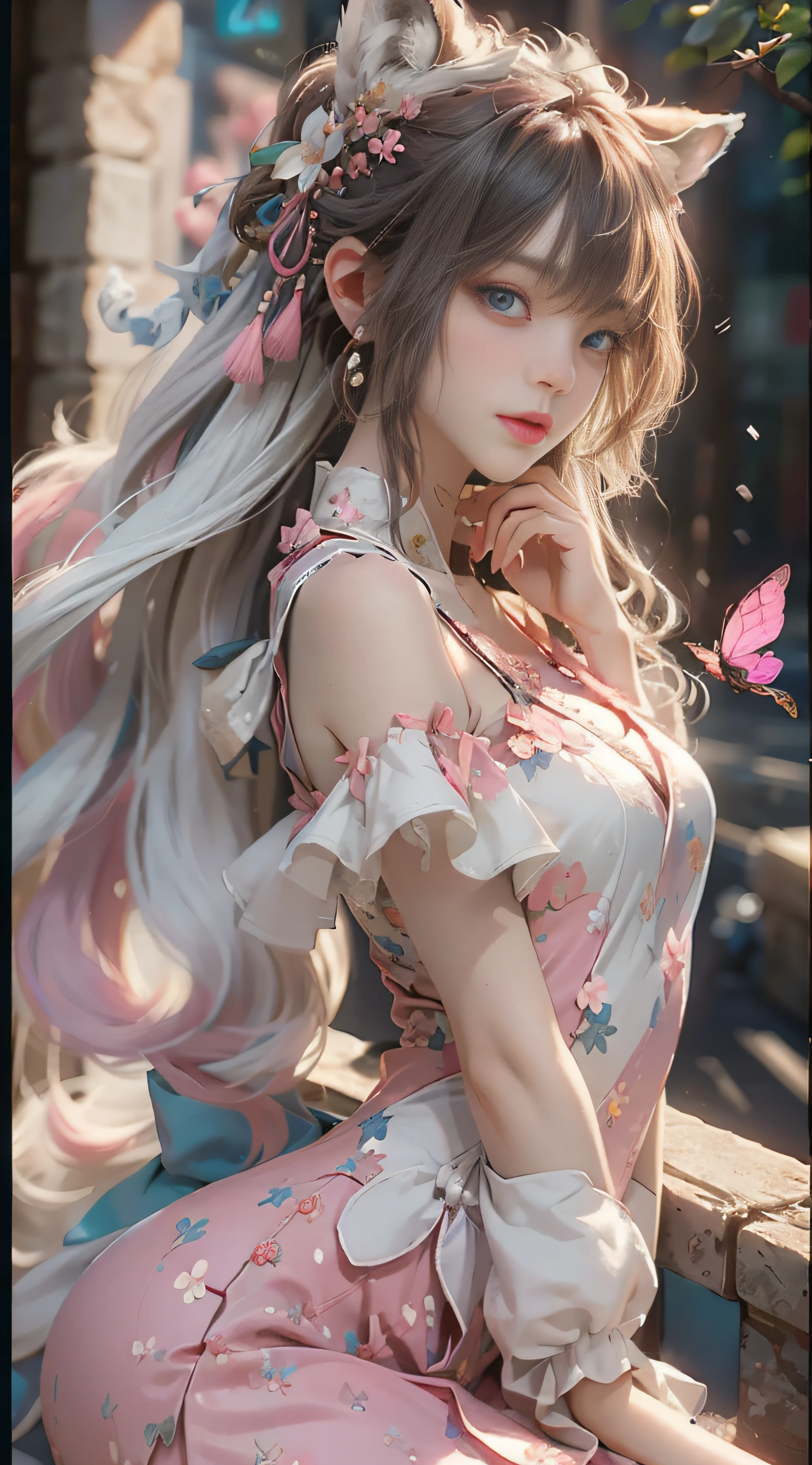（（best qualtiy））， （（tmasterpiece））， （detail：1.4）， Beautiful cyberpunk female images，hdr（HighDynamicRange），Ray traching，NVIDIA RTX，Hyper-Resolution，illusory 5，sub surface scattering，PBR textures，post-proces，Anisotropy Filtering，depth of fields，maximum definition and sharpness，Many-Layer Textures，Albedo e mapas Speculares，Surface coloring，Mitsu-Accurate simulation of material interactions，perfectly proportioned，rendering by octane，Two-colored light，largeaperture，Low ISO，White balance，Rule three points、8K raw data、Beautiful bright blue pupils，off-the-shoulder clothes，Fine pupils，Delicate face and eyes，long eyelasher，Blushlush，Delicate and fluffy hair，pink lip，Pure，Cute face，Sweet girl，Artistic sense，Casual wear，Advancedsense，butterflys，Cherry blossom petal，Beautiful hair accessories，Long hair and waist，Hair fluttering in the wind，Snow-white fox ears，curlies，Snow-white fluffy tail，Positive light，The light from the back window is backlighted