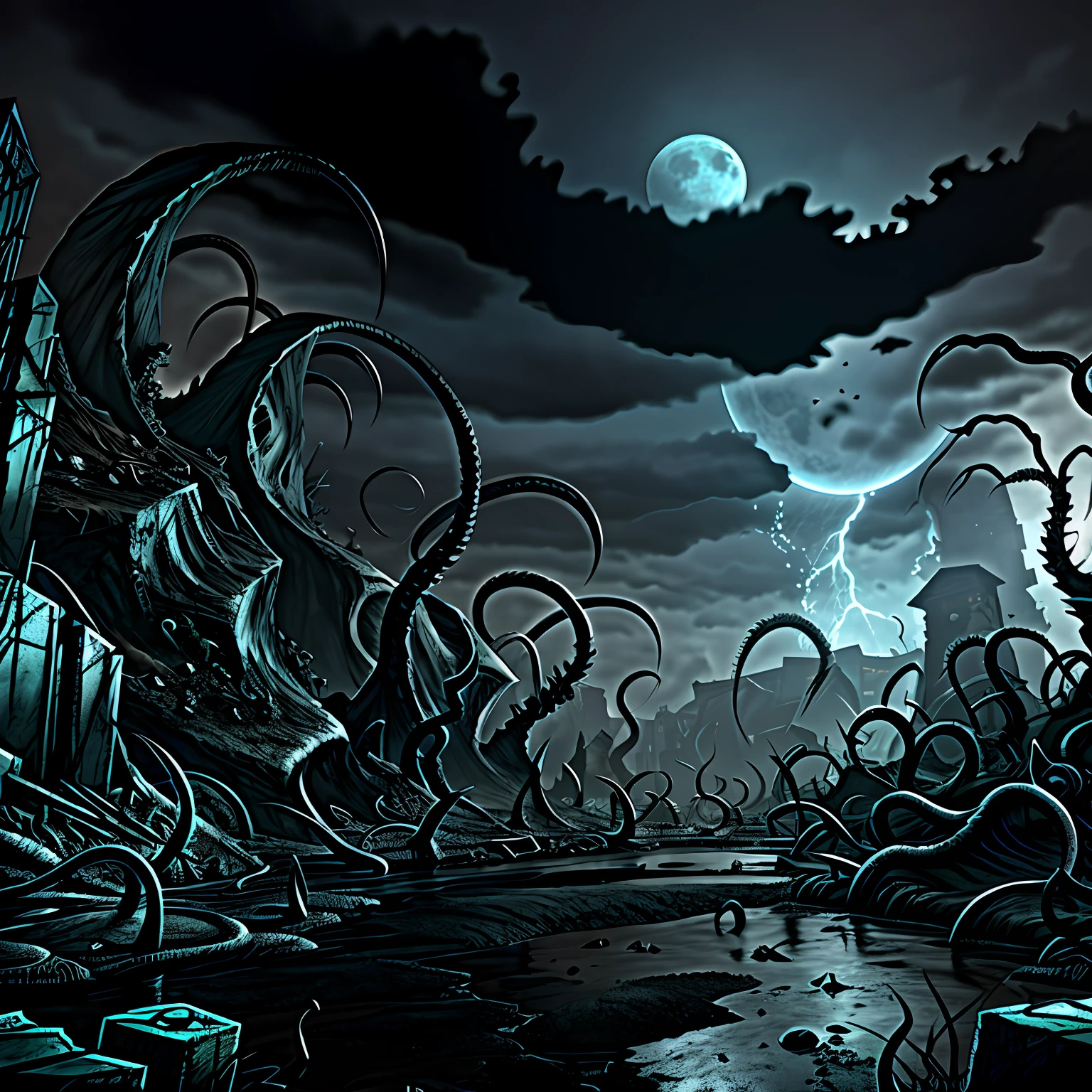 Madness evil landscape. Tentacles rising from the abyss, polluted river, macabre cemetery, bloody moon, unreal engine, UHD sketch color drawing