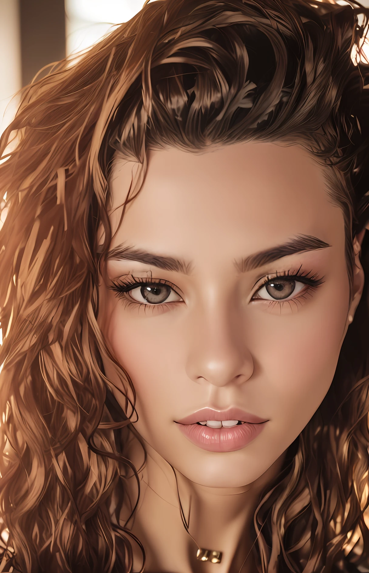 Dark mysterious eyes, thin eyebrows, round chin.