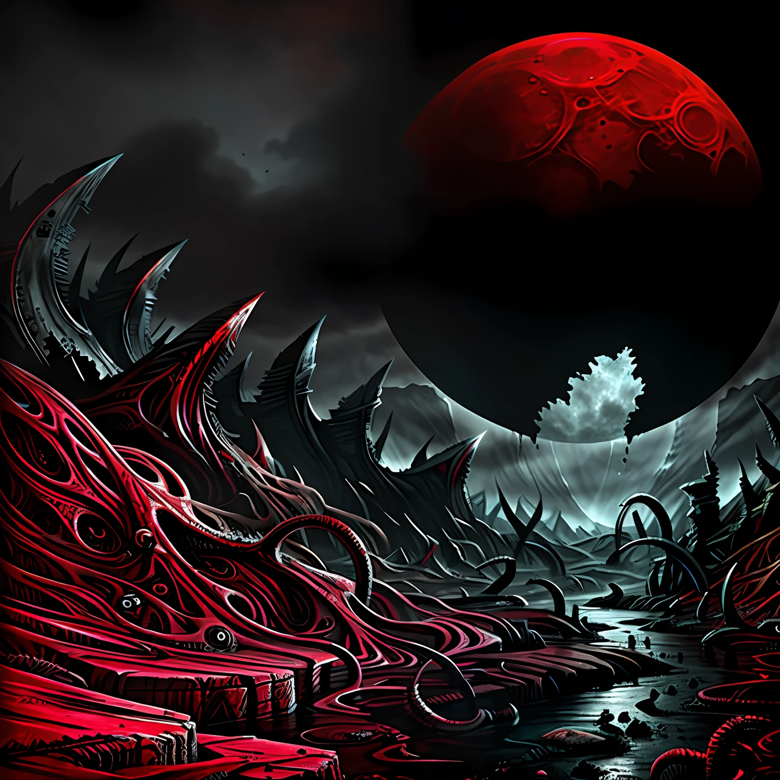 A mad evil landscape. Tentacles rise from the abyss，Polluted rivers，A graveyard of horrors，Blood-red moon，Hyper-realistic engine，UHD sketch color painting