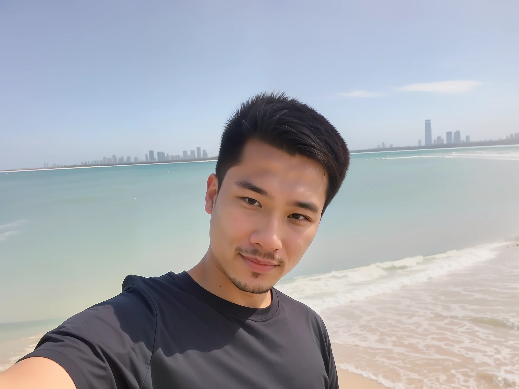There was a man taking a selfie on the beach, 2 7 years old, 2 8 years old, 2 9 years old, the ocean in the background, xintong chen, zeng fanzh, 3 2 - year - old, 8k selfie photograph, 2 3 years old, the ocean in the background, yanjun cheng, standing at the beach, 2 4 years old