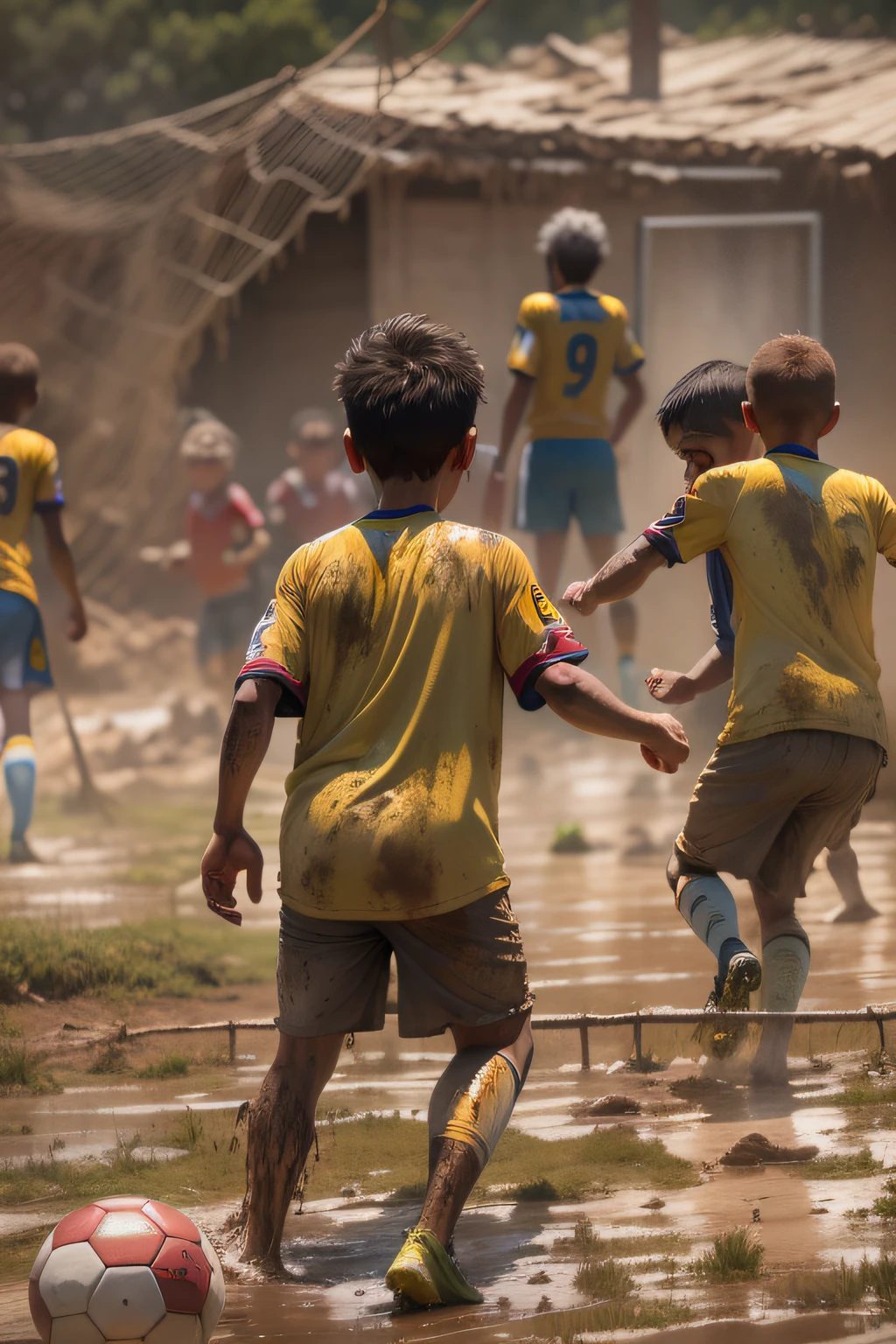 Children playing soccer on a muddy wet field, Divirta-se, photoso ultra realista, Footbal, Goal Visualization Perspective, Visualization of the goal net, Dynamic fun in football, kids playing, lama, sujeira, Photo Session, dusty dirty, dirty clothes, football match, very intense, photo from behind the goal, blur, dust, brown, afternoon, LOTS OF KIDS, URBAN, FAVELA SOCCER MATCH, SMILES, HAPPINES, brown filter, mud, goal, professional photography, perspective, dusty, dirt smoke, amazing, realistic, artistic, perfect anatomy, waving goal net with soccer ball, cheering, awesome, cinematic, outstanding artwork, ultra HD, 4k, 8k, amazing soccer art