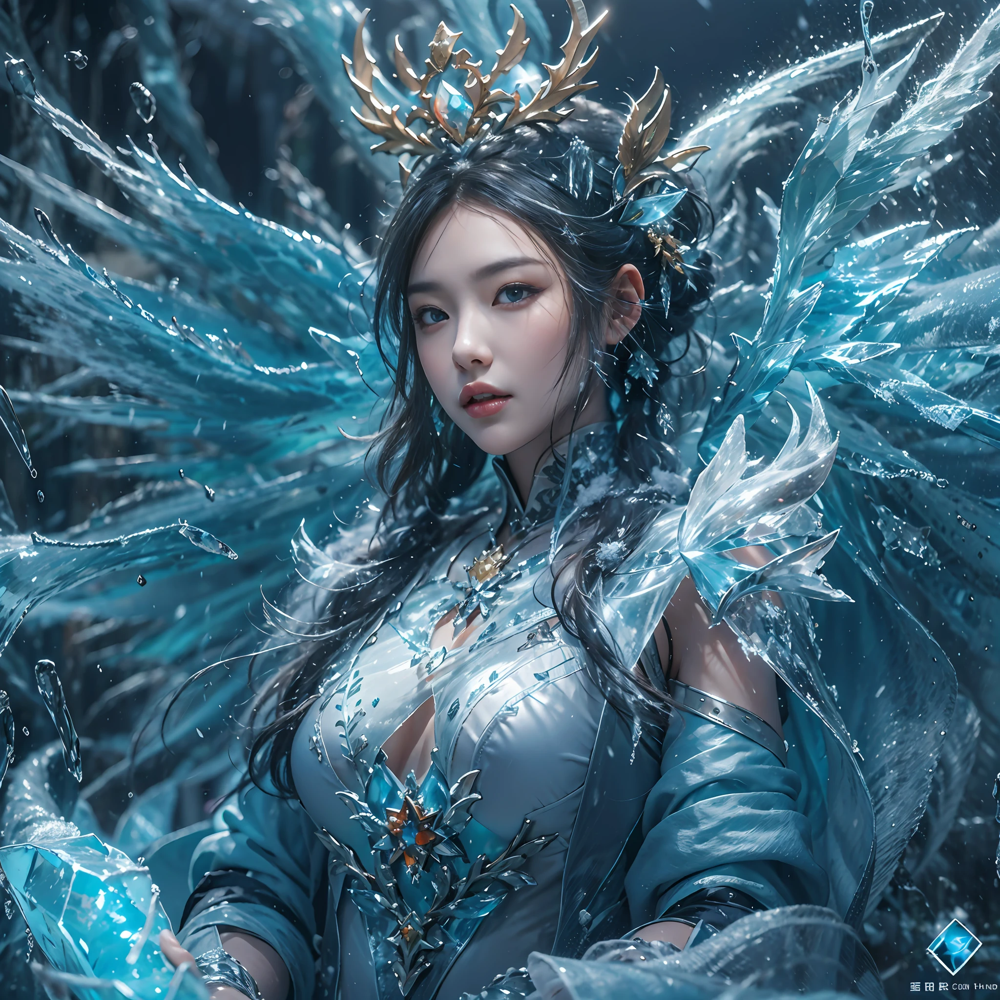 (((1girll)))，（Perfect facial features），（Wear the ancient Han send），The upper part of the body，icey，ice wings，（Ice Phoenix：1.2），Splashed liquid，Wavy liquid，airbubble，standing on water，wave，Blue glow，（Frost wings），(((Powerful ice magic)))，(((Icicles)))，Towering over the landscape，Blue light cold light，(((Ice storms)))，Wind，((Flying snow ice and snow))，Amazing results，,best qualityer,tmasterpiece,超高分辨率,finely detailled,Complicated details,8K分辨率,8KUCG wallpaper,hdr,water blue,Magic Array,Cinematic lighting effects,lightand shade contrast，Ray traching、NVIDIA RTX