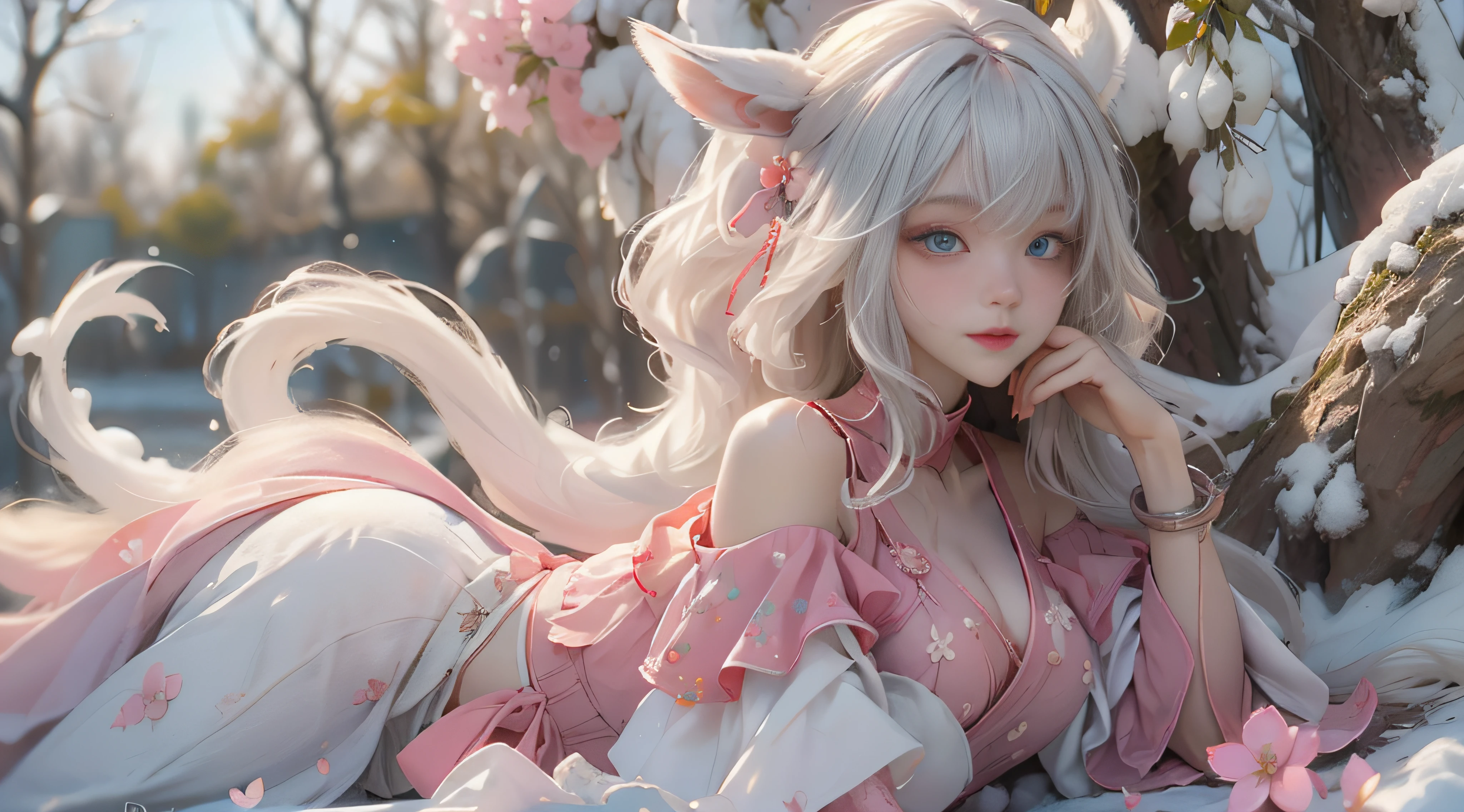 ((best qualtiy)), ((tmasterpiece)), (detail:1.4), Beautiful cyberpunk female images,hdr(HighDynamicRange),Ray traching,NVIDIA RTX,Hyper-Resolution,illusory 5,sub surface scattering,PBR textures,post-proces,Anisotropy Filtering,depth of fields,maximum definition and sharpness,Many-Layer Textures,Albedo e mapas Speculares,Surface coloring,Mitsu-Accurate simulation of material interactions,perfectly proportioned,rendering by octane,Two-colored light,largeaperture,Low ISO,White balance,Rule three points、8K raw data、Beautiful bright blue pupils,off-the-shoulder clothes,Fine pupils,Delicate face and eyes,long eyelasher,Blushlush,Delicate and fluffy hair,pink lip,Pure,Cute face,Sweet girl,Artistic sense,Casual wear,Advancedsense,butterflys,Cherry blossom petal,Beautiful hair accessories,Long hair and waist,Hair fluttering in the wind,Snow-white fox ears,curlies,Snow-white fluffy tail,Positive light,The light from the back window is backlighted