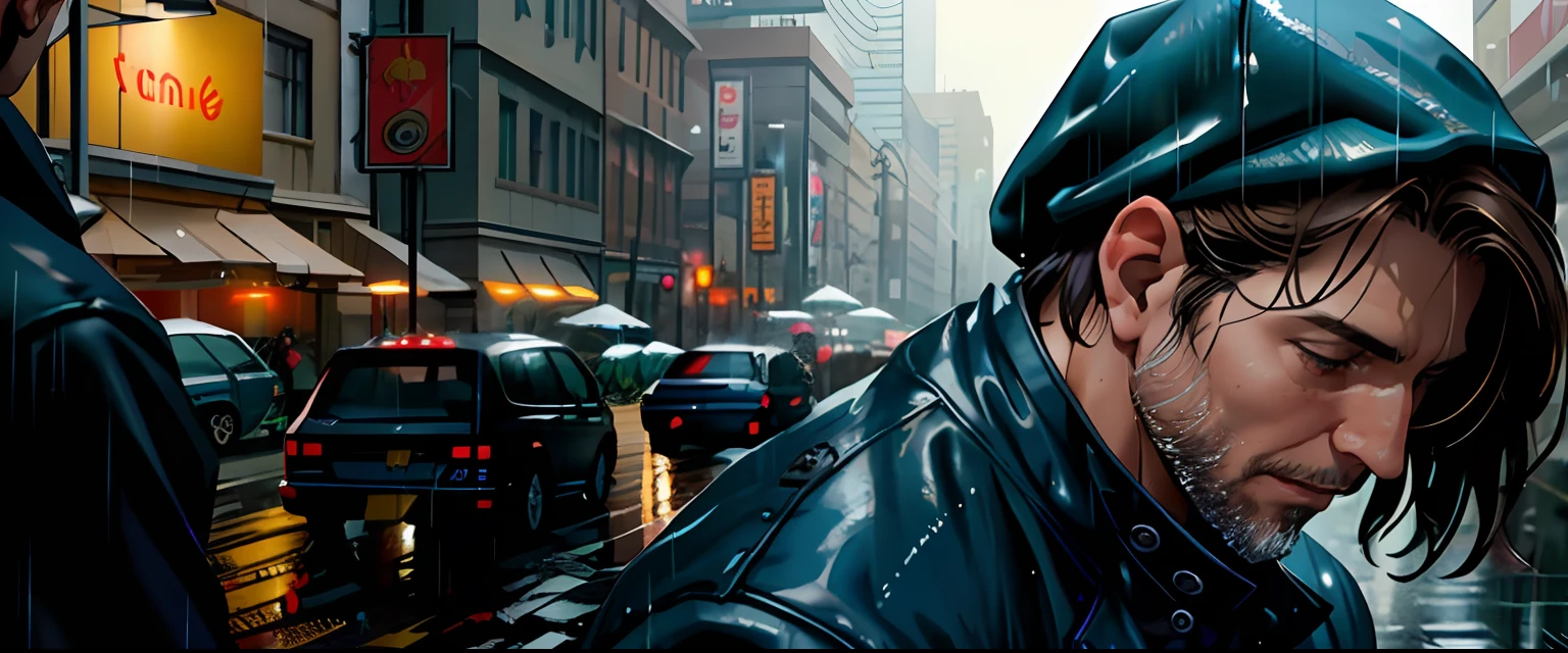 there is a man that is standing in the rain with a cell phone, vfx action shot, vfx shot, vfx movie closeup, cinematic opening shot, cinematic stillframe, shot from danis villeneuve movie, vfx film closeup, zack snyder cinematography style, cinematic still frame, worksafe. cinematic, in roger deakins style, full scene shot, epic vfx shot