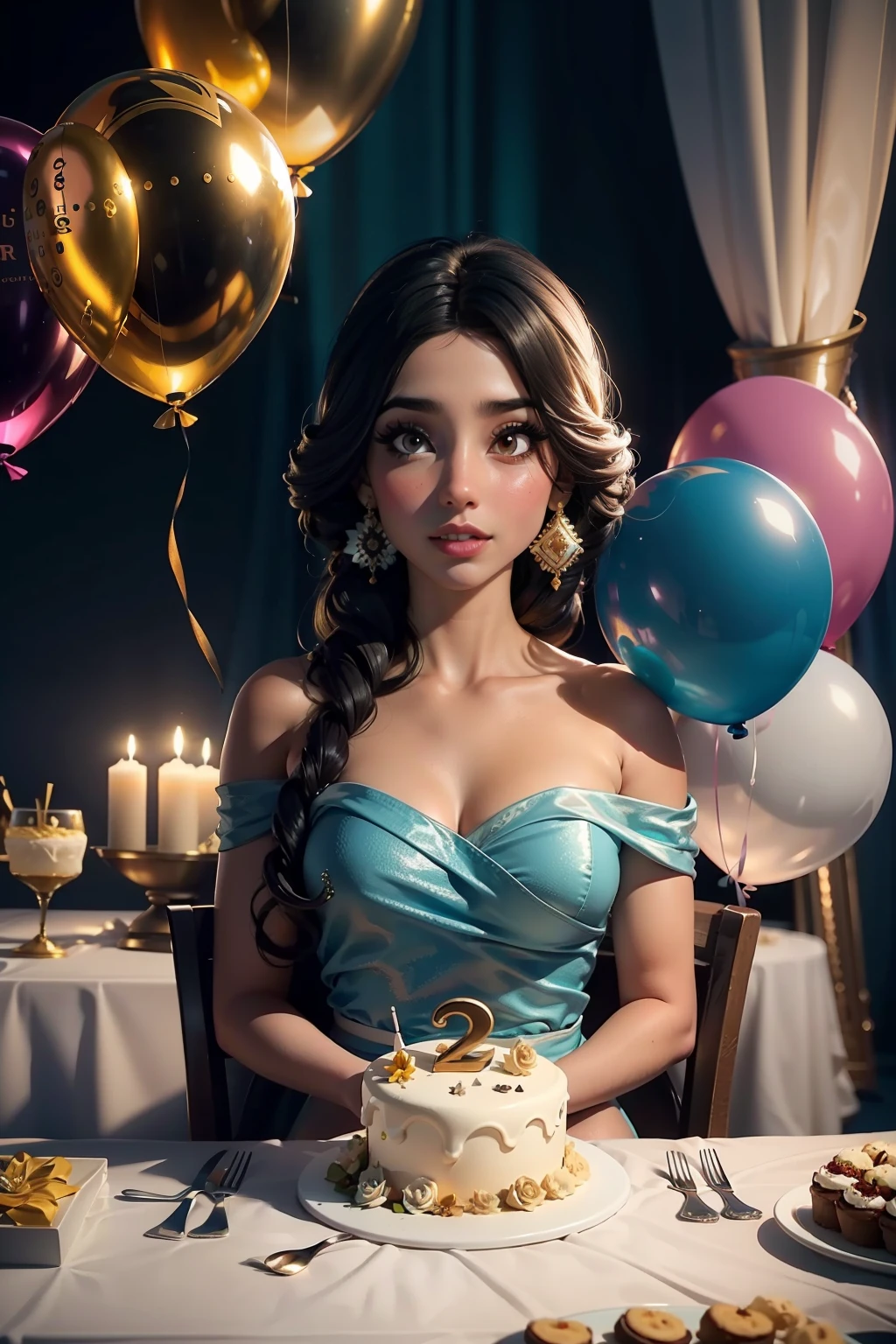 mesa de aniversario enfeitada com o tema Jasmine, muitos enfeites na mesa, balloons hanging from the eyes, toalha de mesa da princesa Jasmine, studio illumination
