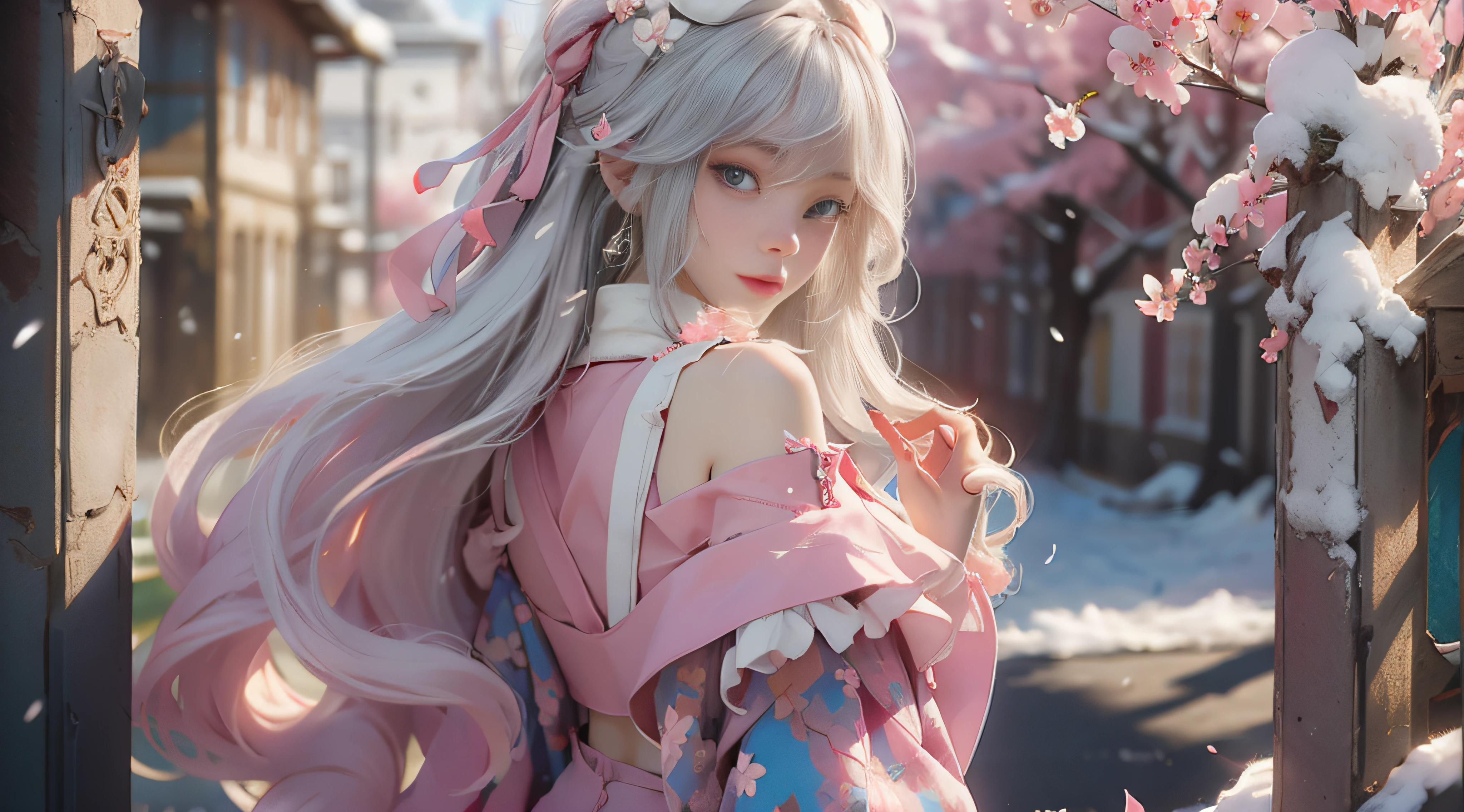 ((best qualtiy)), ((tmasterpiece)), (detail:1.4), Beautiful cyberpunk female images,hdr(HighDynamicRange),Ray traching,NVIDIA RTX,Hyper-Resolution,illusory 5,sub surface scattering,PBR textures,post-proces,Anisotropy Filtering,depth of fields,maximum definition and sharpness,Many-Layer Textures,Albedo e mapas Speculares,Surface coloring,Mitsu-Accurate simulation of material interactions,perfectly proportioned,rendering by octane,Two-colored light,largeaperture,Low ISO,White balance,Rule three points、8K raw data、Beautiful bright blue pupils,off-the-shoulder clothes,Fine pupils,Delicate face and eyes,long eyelasher,Blushlush,Delicate and fluffy hair,pink lip,Pure,Cute face,Sweet girl,Artistic sense,Casual wear,Advancedsense,butterflys,Cherry blossom petal,Beautiful hair accessories,Long hair and waist,Hair fluttering in the wind,Snow-white fox ears,curlies,Snow-white fluffy tail,Positive light,The light from the back window is backlighted