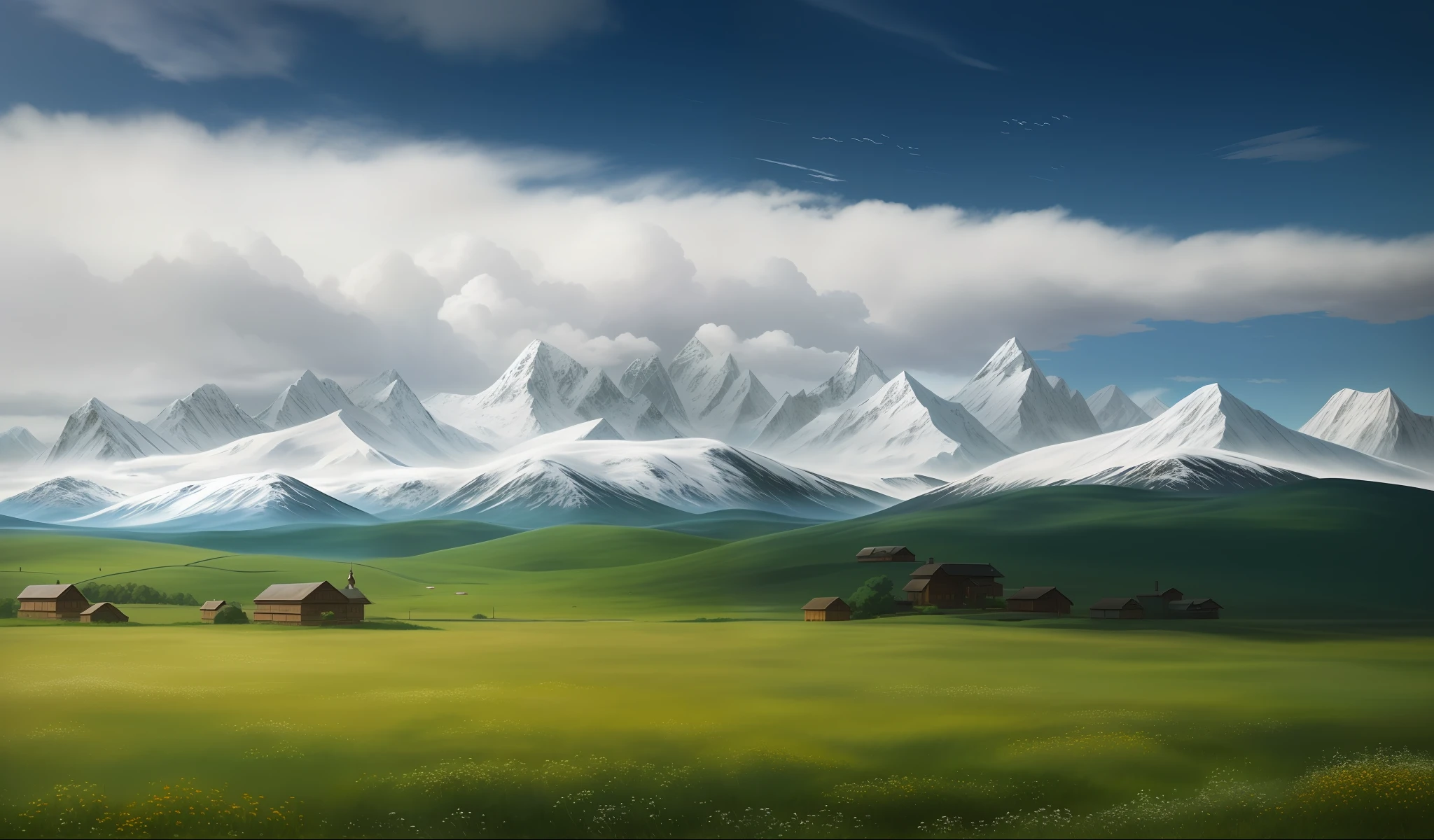 There is a painting of the distant mountains of the steppe，Alpine snow-capped mountains in the distance，Beautiful oil matte painting，Ultra-realistic clouds，WLOP and cheap，Cheap S!!!,RHAD！，Studio Ghibli Sky，photorealistic landscapes，Cheap S and Thomas Kincaid，Surreal landscape，Studio Ghibli view，giant clouds，anime countryside landscape，Cheap S