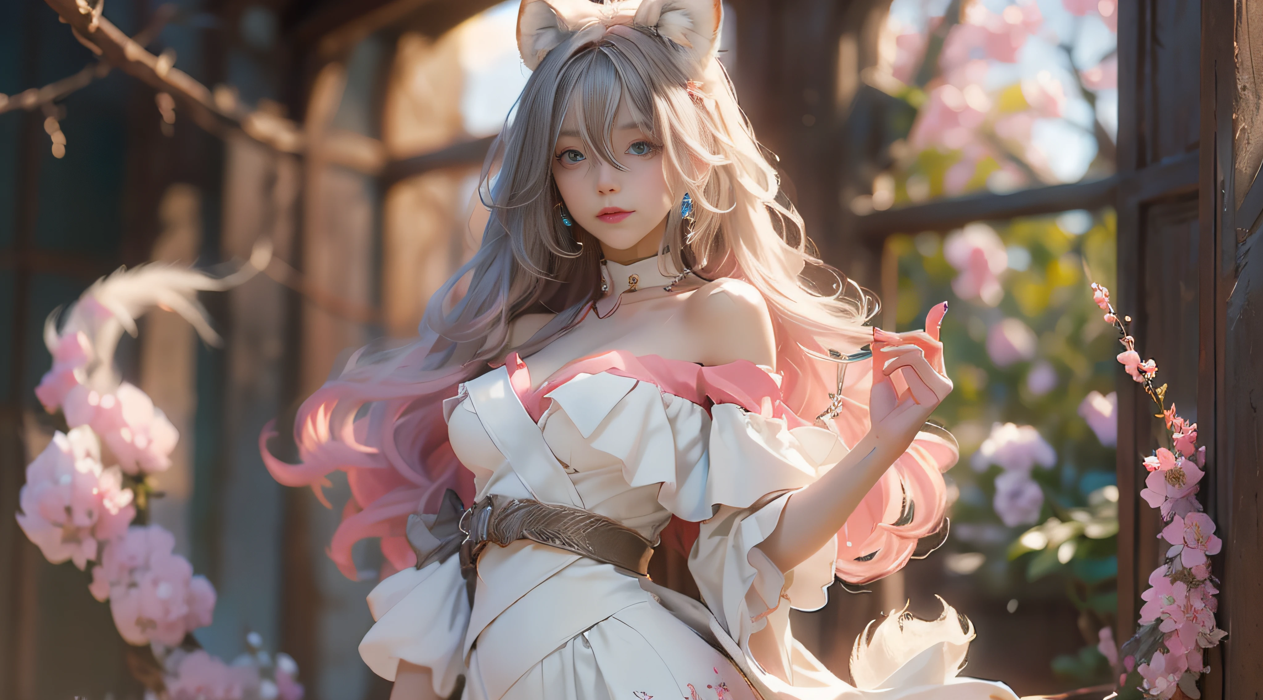 ((best qualtiy)), ((tmasterpiece)), (detail:1.4), Beautiful cyberpunk female images,hdr(HighDynamicRange),Ray traching,NVIDIA RTX,Hyper-Resolution,illusory 5,sub surface scattering,PBR textures,post-proces,Anisotropy Filtering,depth of fields,maximum definition and sharpness,Many-Layer Textures,Albedo e mapas Speculares,Surface coloring,Mitsu-Accurate simulation of material interactions,perfectly proportioned,rendering by octane,Two-colored light,largeaperture,Low ISO,White balance,Rule three points、8K raw data、Beautiful bright blue pupils,off-the-shoulder clothes,Fine pupils,Delicate face and eyes,long eyelasher,Blushlush,Delicate and fluffy hair,pink lip,Pure,Cute face,Sweet girl,Artistic sense,Casual wear,Advancedsense,butterflys,Cherry blossom petal,Beautiful hair accessories,Long hair and waist,Hair fluttering in the wind,Snow-white fox ears,curlies,Snow-white fluffy tail,Positive light,The light from the back window is backlighted