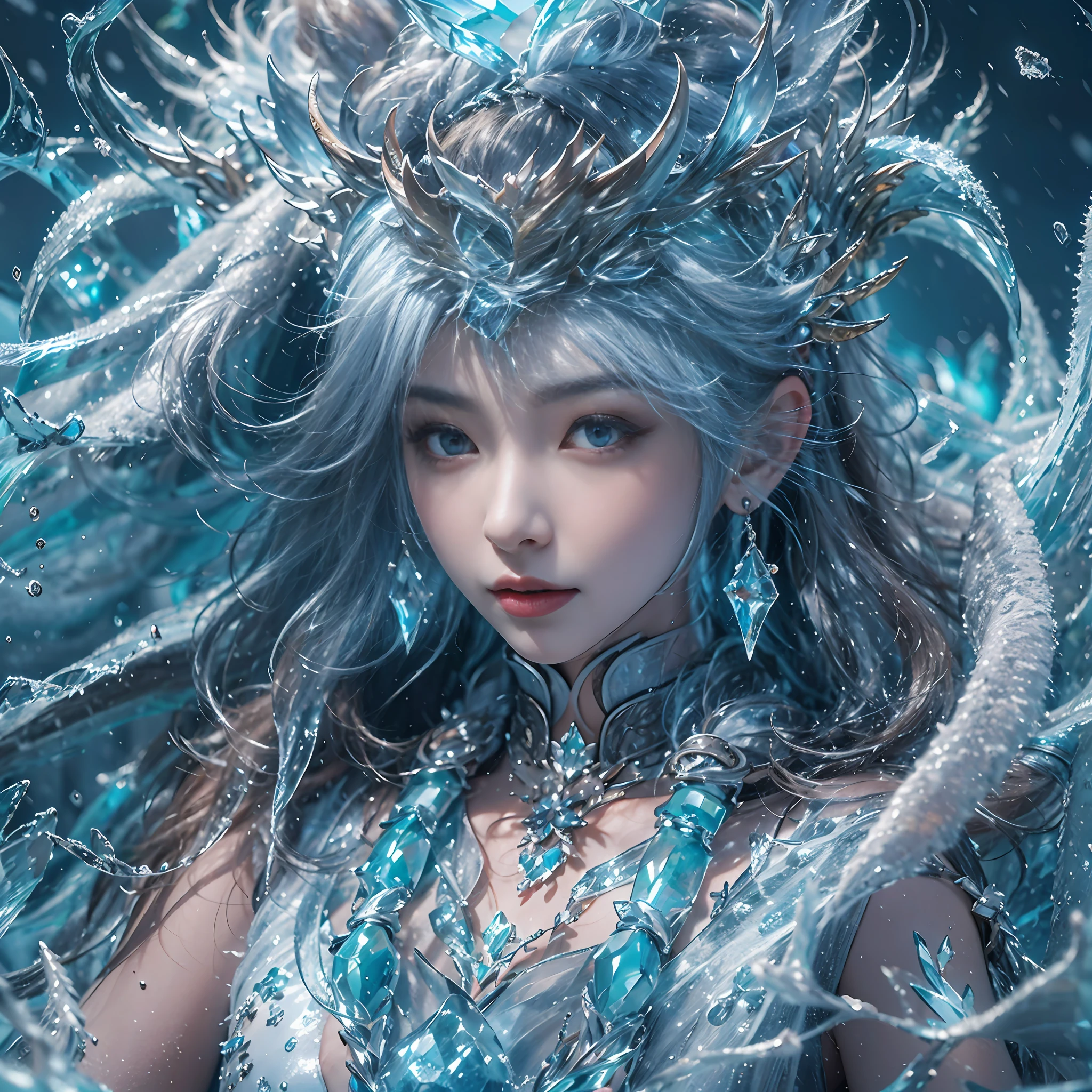 (((1girll))),(Perfect facial features),(Wear the ancient Han send),The upper part of the body,icey,ice wings,(Ice Phoenix:1.2),Splashed liquid,Wavy liquid,airbubble,standing on water,wave,Blue glow,(Frost wings),(((Powerful ice magic))),(((Icicles))),Towering over the landscape,Blue light cold light,(((Ice storms))),Wind,((Flying snow ice and snow)),Amazing results,,best qualityer,tmasterpiece,超高分辨率,finely detailled,Complicated details,8K分辨率,8KUCG wallpaper,hdr,water blue,Magic Array,Cinematic lighting effects,lightand shade contrast,Ray traching、NVIDIA RTX
