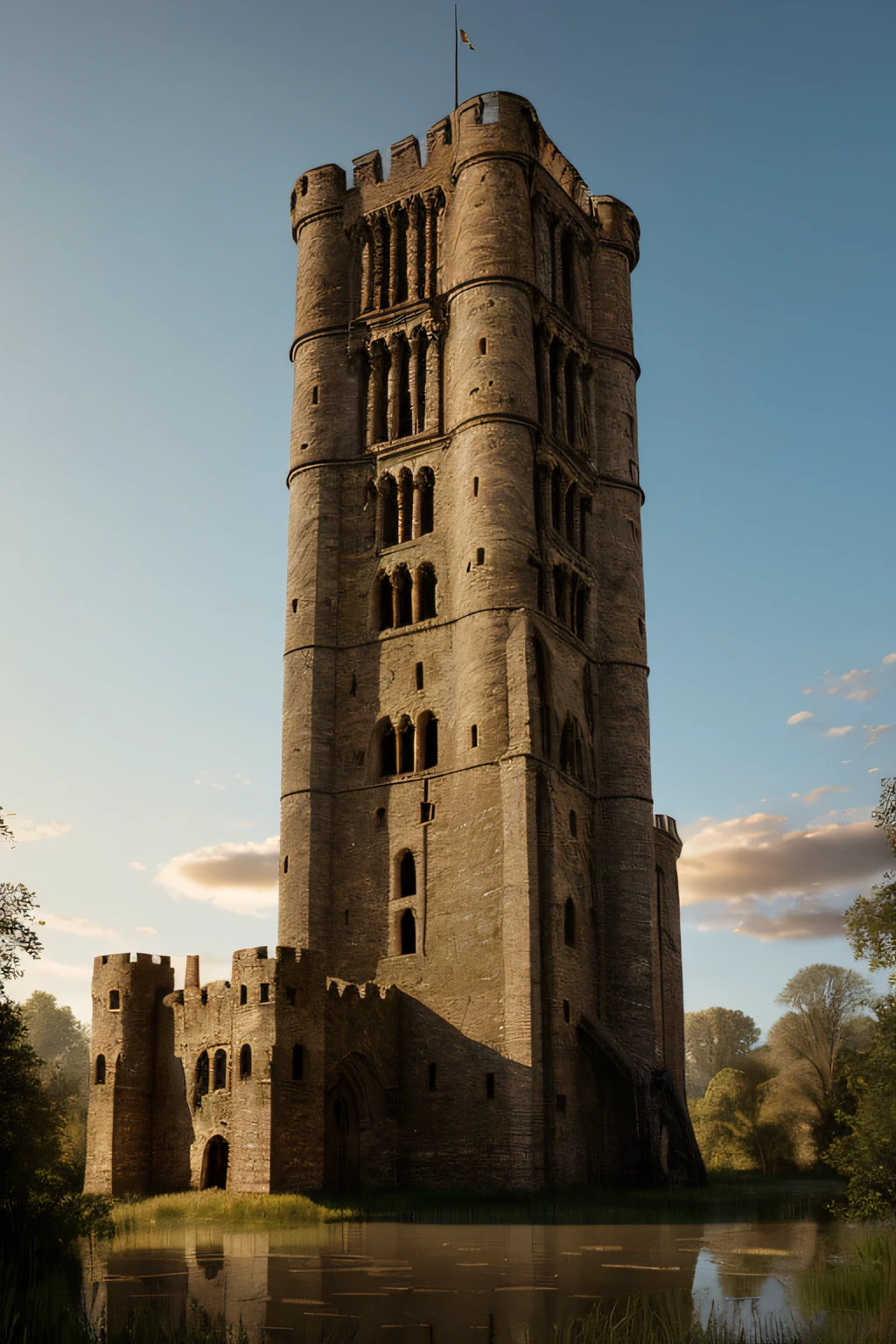 medium shot of a medieval fantasy romanesque tower in a swampy fantasy medieval town, imposing, elaborate architecture, (backlighting), realistic, masterpiece, highest quality, lens flare, shade, bloom, [[chromatic aberration]], by Jeremy Lipking, by Antonio J. Manzanedo, digital painting