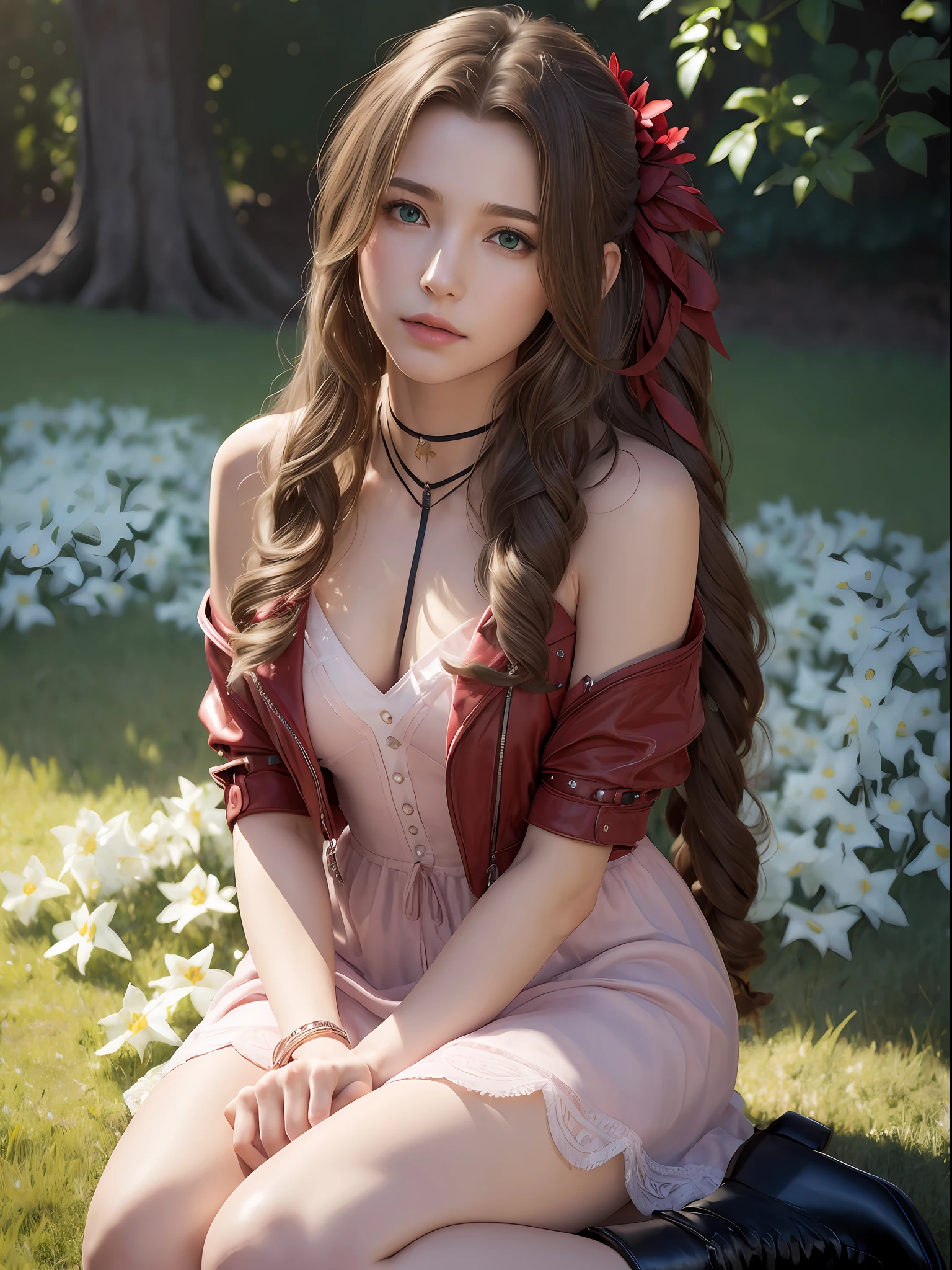 (masterpiece, best quality:1.4), (future days), (sit on the grass), (full of white flowers), (1girl), solo, (european youth:1), aerith gainsborough, choker, cropped jacket, hair bow, bracelet, pink dress, brown boots, very long hair, hair ribbons, hair flowers, strapless red dress, high heels hyperrealistic, high detailed skin, dslr, soft lighting, high quality, highly detailed face, highly detailed skin, skin pores, subsurface scattering, realistic pupils, medium breast, full face blush, full lips, detailed background, depth of field, volumetric lighting, sharp focus, absurdres, realistic proportions, good anatomy, (realistic, hyperrealistic:1.4), 16k hdr,