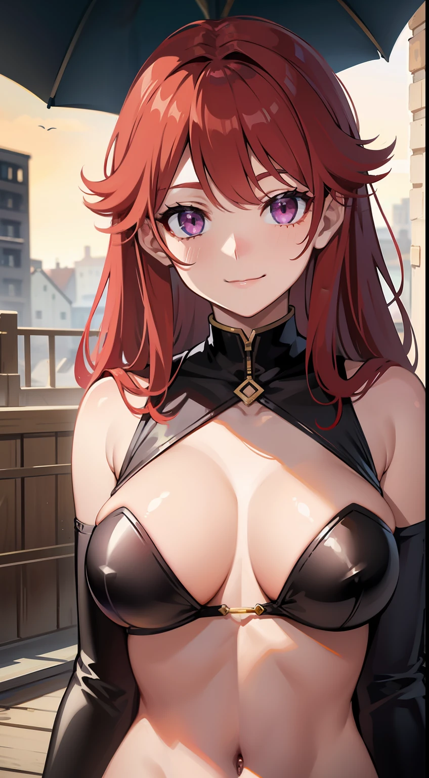 young girl, suntanned skin, Long red hair, violet eyes, open torso, Assassin's Clothes, Smile, Masterpiece, hiquality