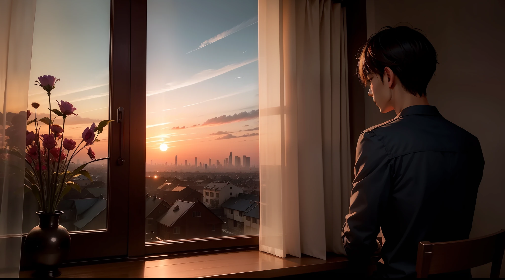 The afterglow of dusk illuminated the room，He sat in front of the window，Gaze into the distance。That back，Contemplative and warm，It seems to contain endless mental affairs。Outside the window，Sunset，Reflected on him，It seems even more mysterious。Back in front of the window，It seems to be listening to the wind of the years，Touch the thread of time。The curtains flick，He turned around slowly，Watch the sun sink into the horizon，Melt into the embrace of dusk。