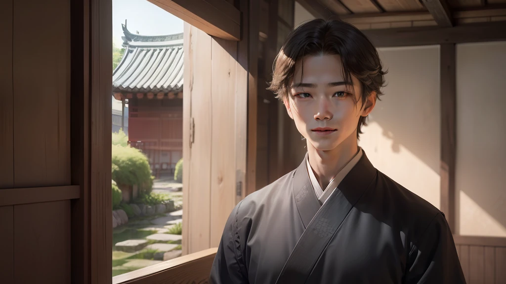 Absurd, high definition, super detailed, texture details, clear presentation, HD details, detail performance, fine details, clear face, precise restoration, clear eyeballs, (1 person: 1.3), hand-drawn, simple lines, an 18-year-old man in colorful Hanfu, standing in an ancient wooden house, masterpiece, interior, smiling