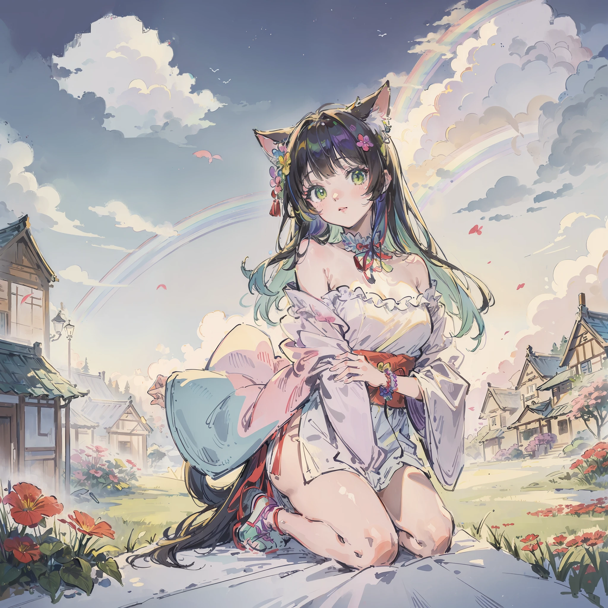 (Best quality1.2、masutepiece)、A stunning、Take a cute cat、kawaii、(rainbow-colored hair)、Flower garden