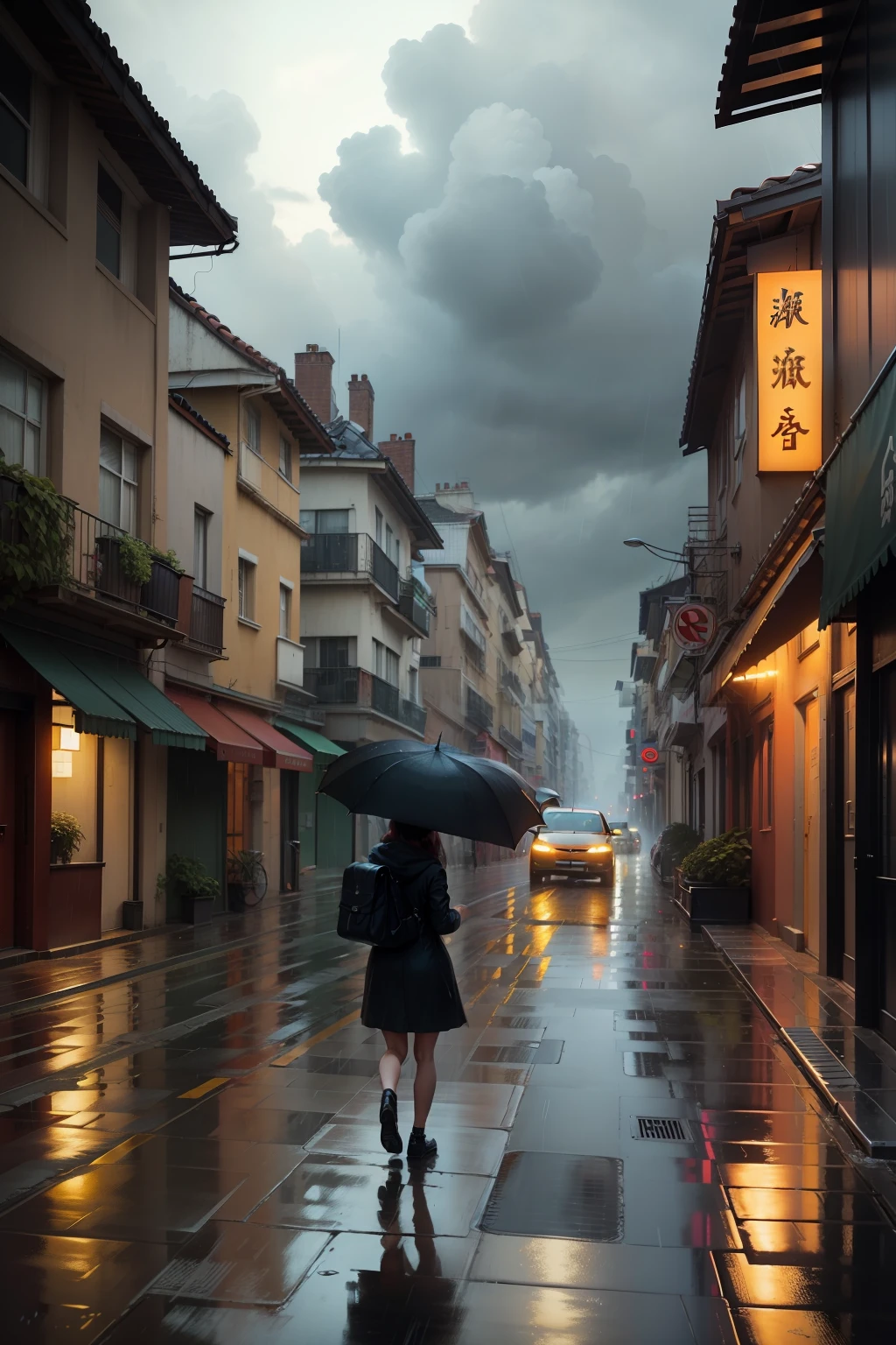 On the street, the rain is coming, look for buildings to shelter from a rain