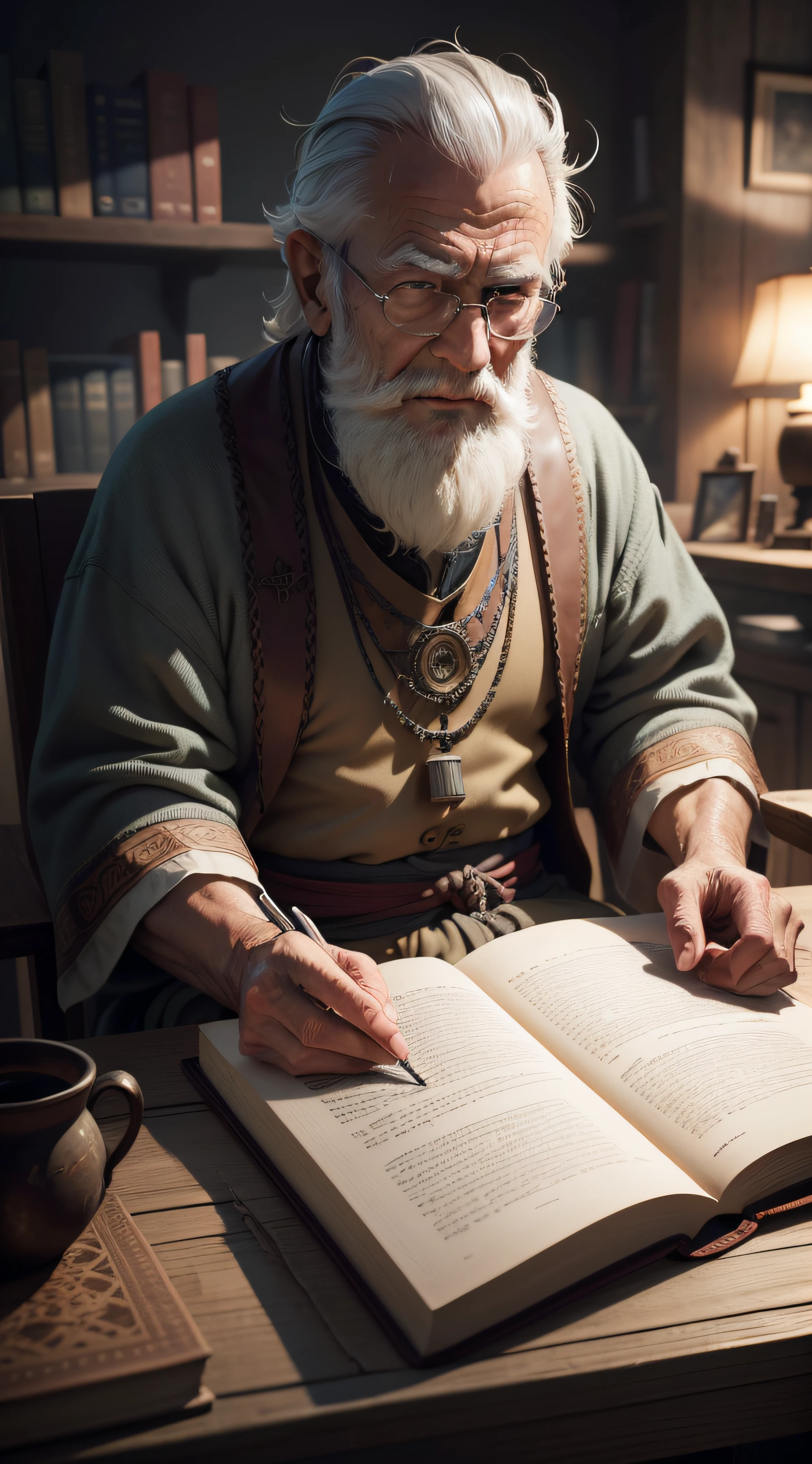 half body of an scholar old man is sitting in front of an ancient book in the mystery sceen, eyes on the camera, taking a clear image of the old man, Ultra HD, Max Sharpen, 8K, 101K ultra detailed resolution, sf, trending on artstation, focus sharp, studio shot, intricate detail, highly detailed, Ultra Detailed, Ultra HD, Max Sharpen, 8K, 101K ultra detailed resolution, sf, trending on artstation, focus sharp, studio shot, intricate detail, highly detailed