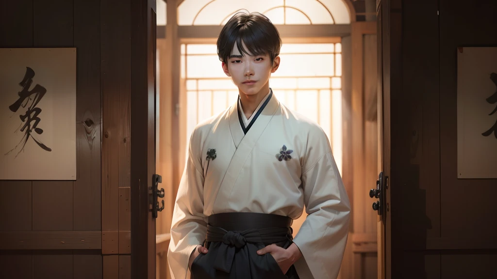 Absurd, high definition, super detailed, texture details, clear presentation, HD details, detail performance, fine details, clear face, precise restoration, clear eyeballs, (1 person: 1.3), hand-drawn, simple lines, an 18-year-old man in colorful Hanfu, standing in an ancient wooden house, masterpiece, interior, smiling