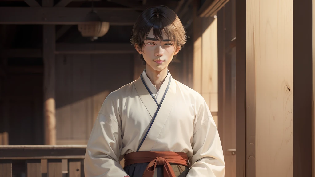 Absurd, high definition, super detailed, texture details, clear presentation, HD details, detail performance, fine details, clear face, precise restoration, clear eyeballs, (1 person: 1.3), hand-drawn, simple lines, an 18-year-old man in colorful Hanfu, standing in an ancient wooden house, masterpiece, interior, smiling