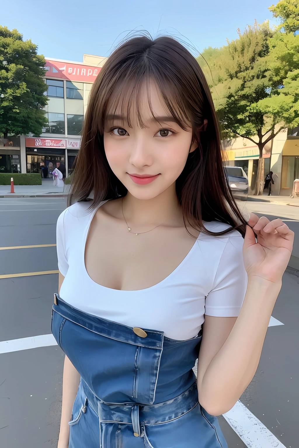 (8K、Raw photography、top-quality、masuter piece:1.2)、ultra-detailliert、ultra res、(realisitic、rialistic photo:1.37)、portlate、high-definition RAW color photography、Professional Photography、highly detailed and beautiful、ighly detailed、8K Picture Wallpaper、amazing detailed、huge filesize、Official art、Highly detailed CG Unity 8K wallpapers、highly detailed beautiful girl、extra detailed face、extremely detailed eye、highlydetailed skin、extremely detailed fingers、highly detailed nose、very detailed detailed mouth、Perfect Anatomy、highly detailed back ground、Highly detailed clothing、 1 人、(18:1.2)、Teete little us Japan idol、cute little、Realistic body、小柄、de pele branca、glistning skin、Slim body、Handsome body、brown haired、Medium Hair、(Blunt bangs:1.1)、A smile、kawaii、zora々Right、kawaii faces、Lifelike face、Delicat eyes、Sauce order、White T-shirt、skirt by the、耳Nipple Ring、Looking at the camera、cowboy shot、front facing、Standing、Contrapo, high street, public,a park, 动态照明, large full breasts