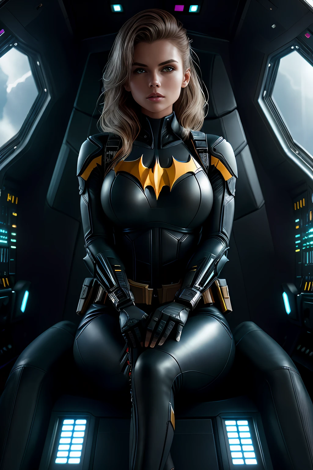 (Extremely detailed 8k wallpaper), bat girl sitting in a futuristic fighter jet cockpit, black futuristic fighter jet cockpit, sitting in black leather pilot seat, sitting in leather seat in cockpit, futuristic fighter jet cockpit:1.3, batgirl:1.2, confident, many switches and lights, long hair, bra, sexy top, short top:1.2, calm, modern futuristic clothing, complex, highly detailed, and dramatic, cinematic lighting, bright scene, soft lights, large breasts:1.4, nsfw:1.4, fit girl, lean girl, dark gray tight leather clothes, cleavage, batman logo:1.4